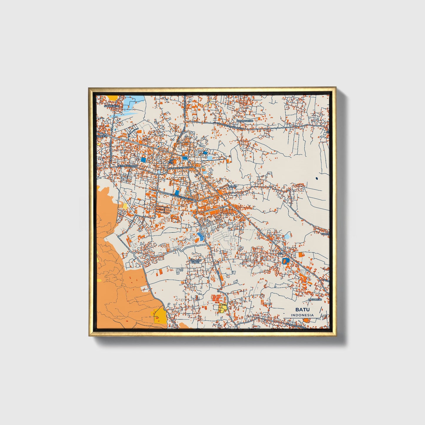 Batu Indonesia Colorful City Map Canvas Print • Gold Framed