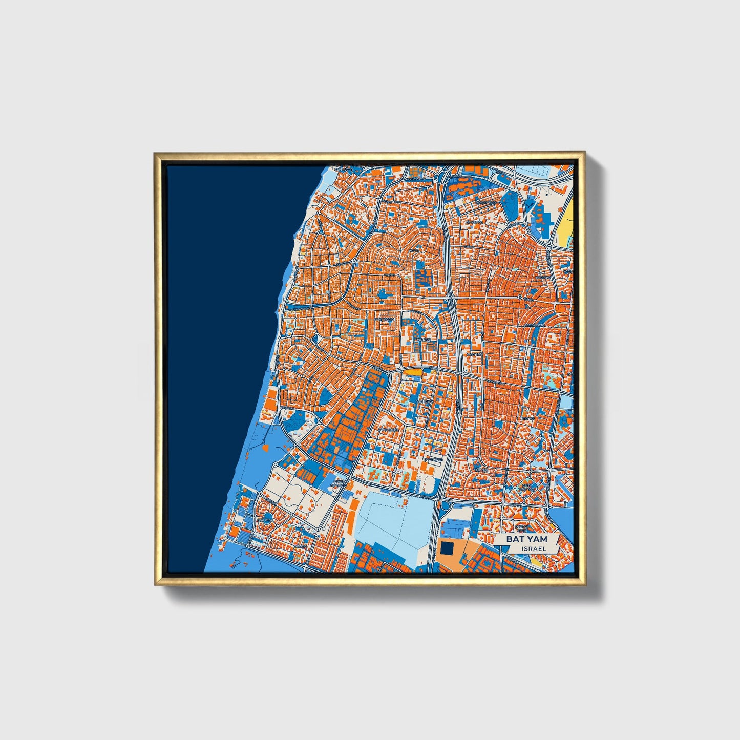 Bat Yam Israel Colorful City Map Canvas Print • Gold Framed