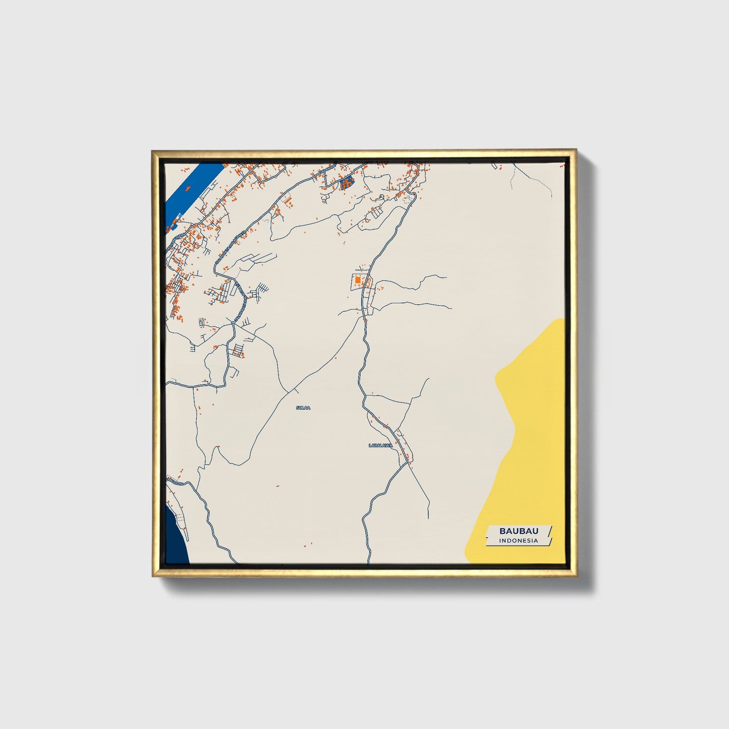 Baubau Indonesia Colorful City Map Canvas Print • Gold Framed