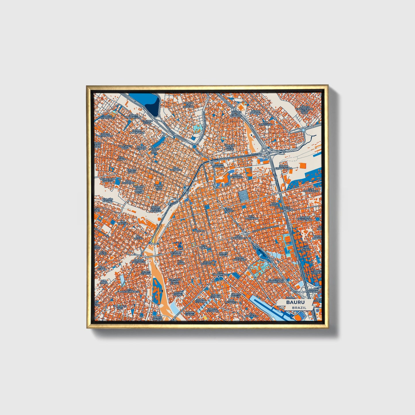 Bauru Brazil Colorful City Map Canvas Print • Gold Framed