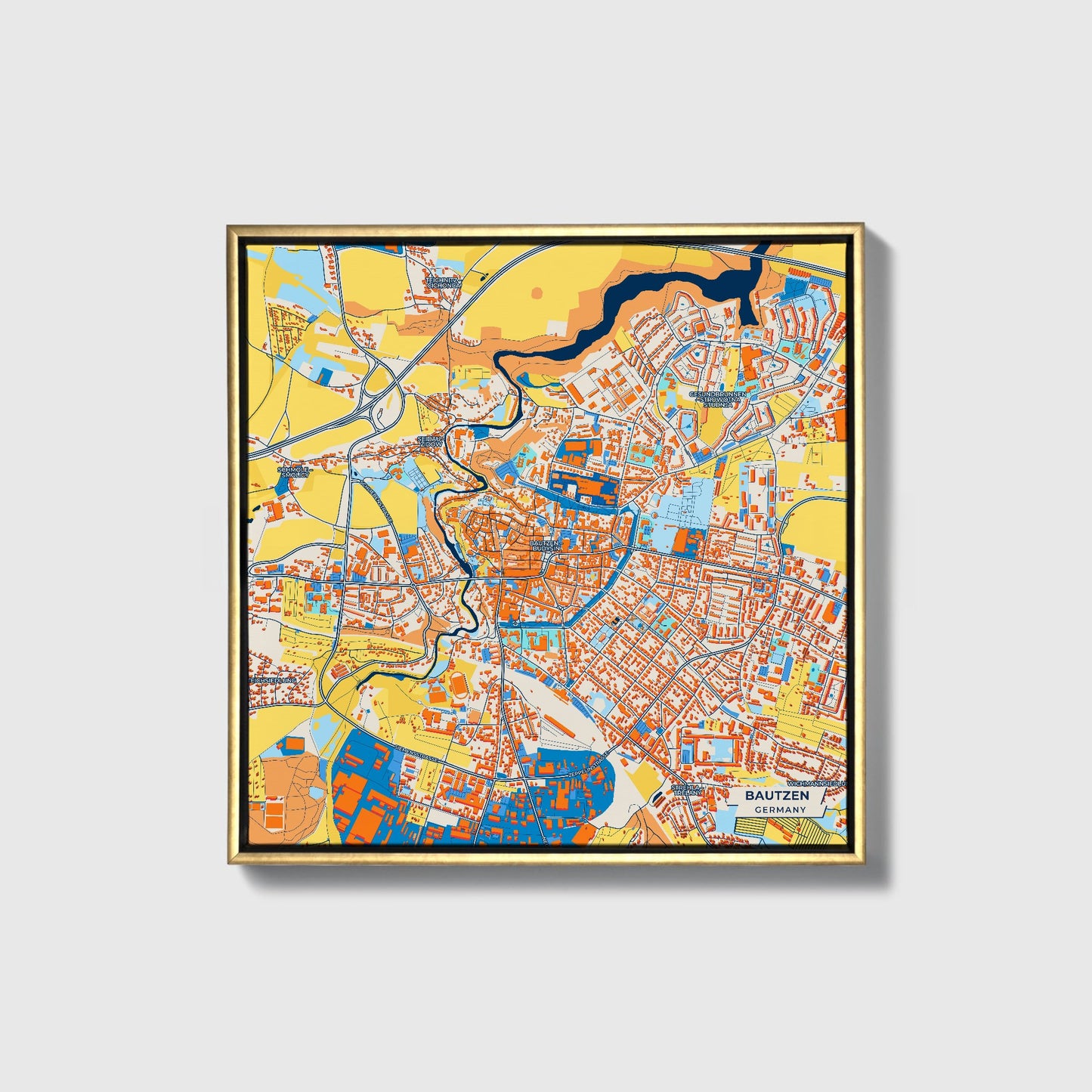 Bautzen Germany Colorful City Map Canvas Print • Gold Framed