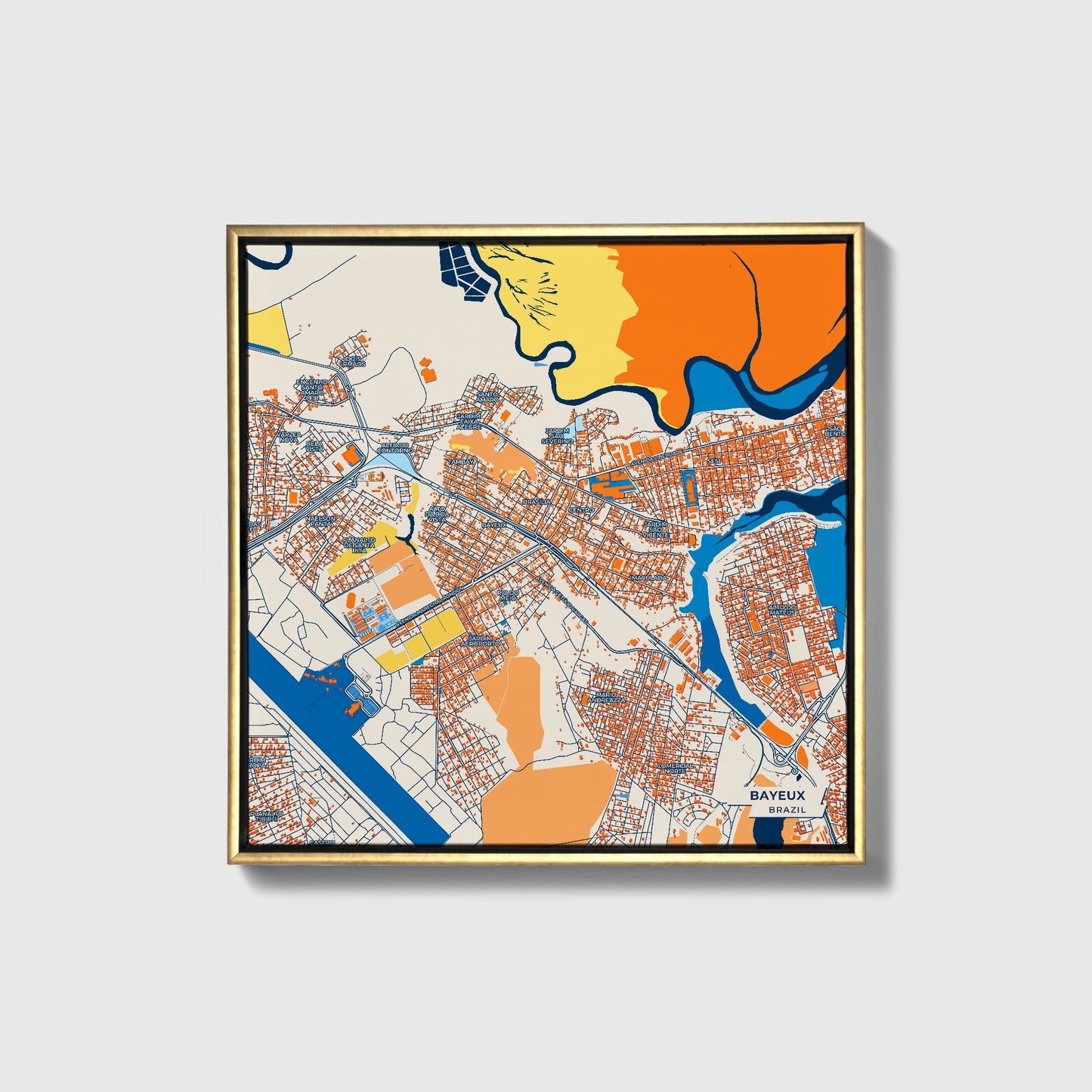 Bayeux Brazil Colorful City Map Canvas Print • Gold Framed