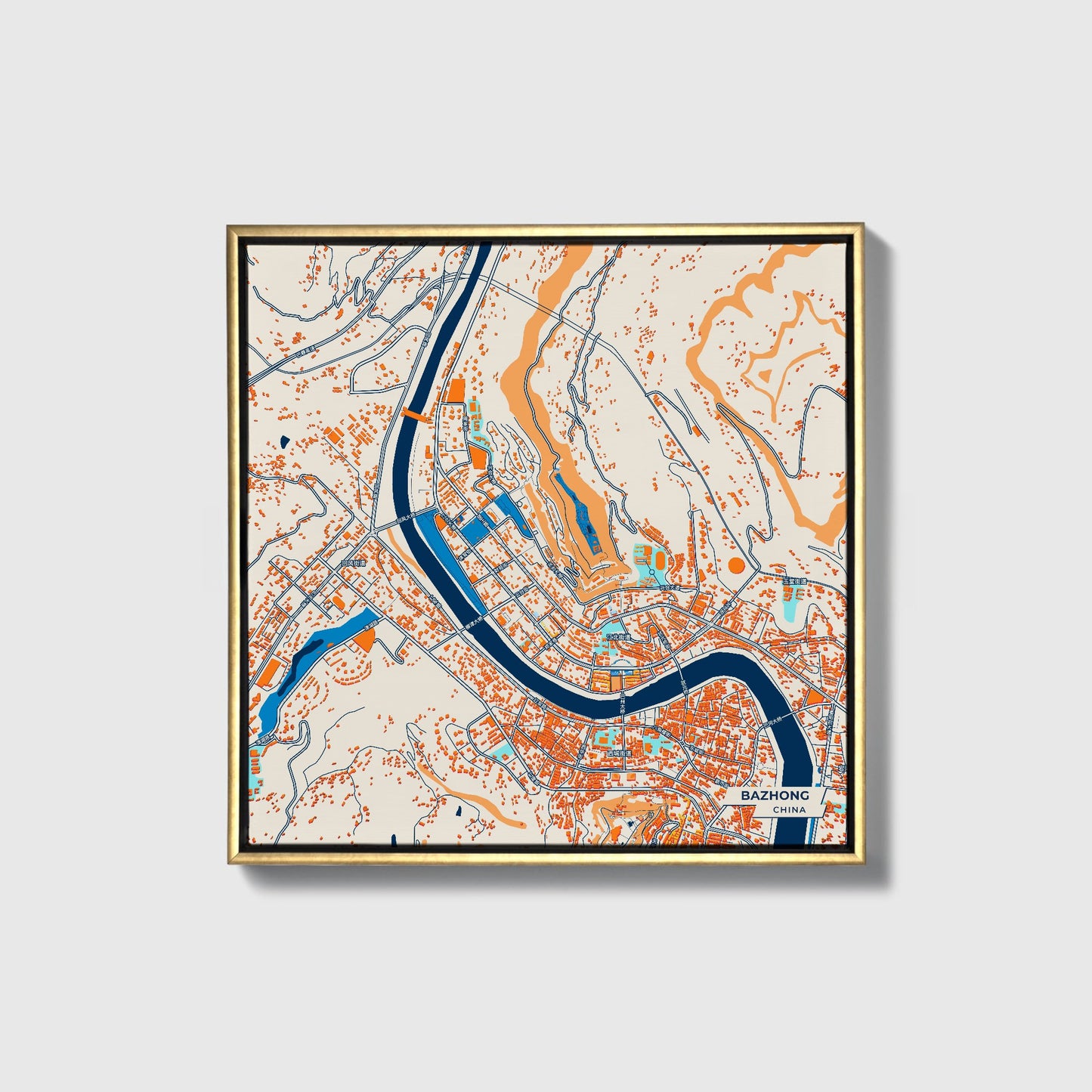 Bazhong China Colorful City Map Canvas Print • Gold Framed