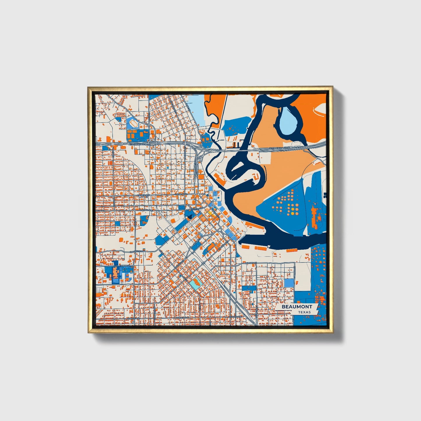 Beaumont Texas Colorful City Map Canvas Print • Gold Framed