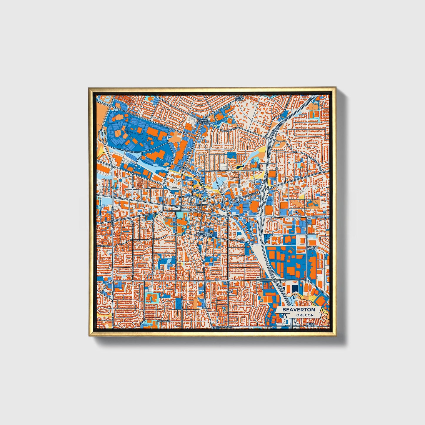 Beaverton Oregon Colorful City Map Canvas Print • Gold Framed