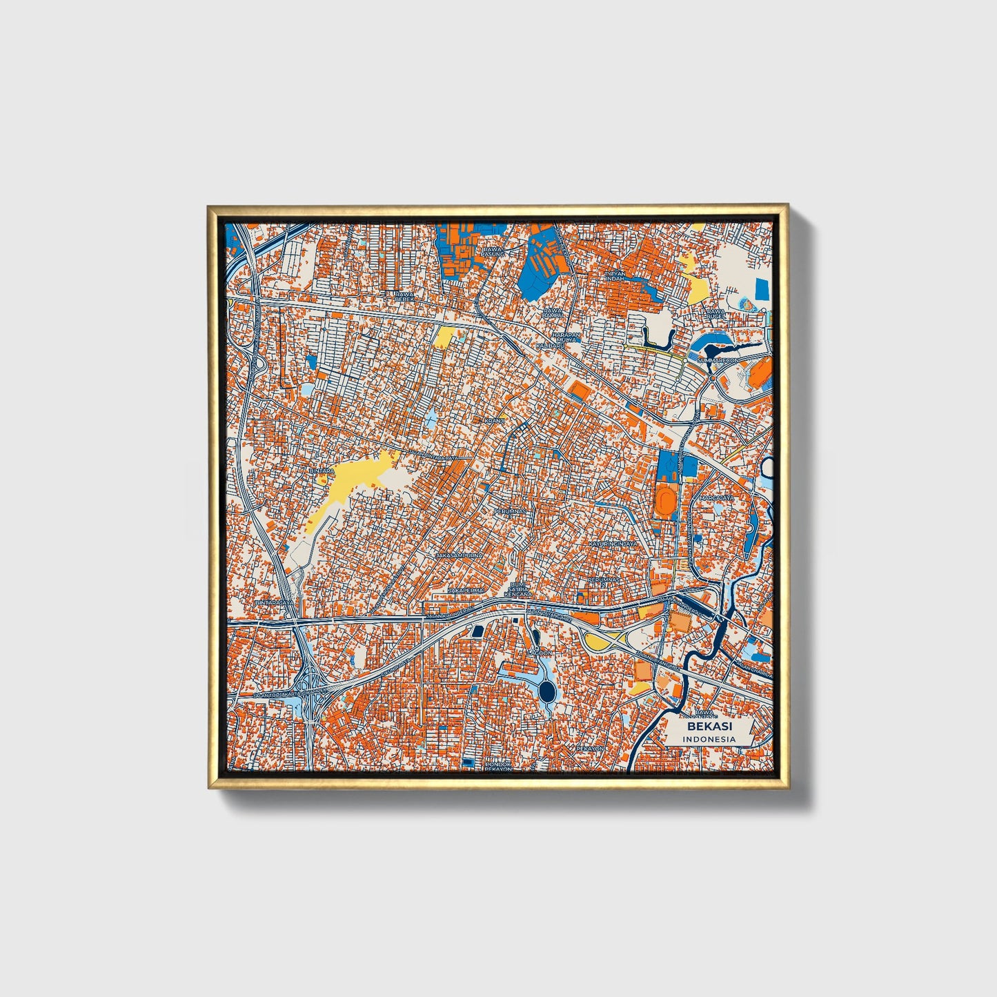 Bekasi Indonesia Colorful City Map Canvas Print • Gold Framed