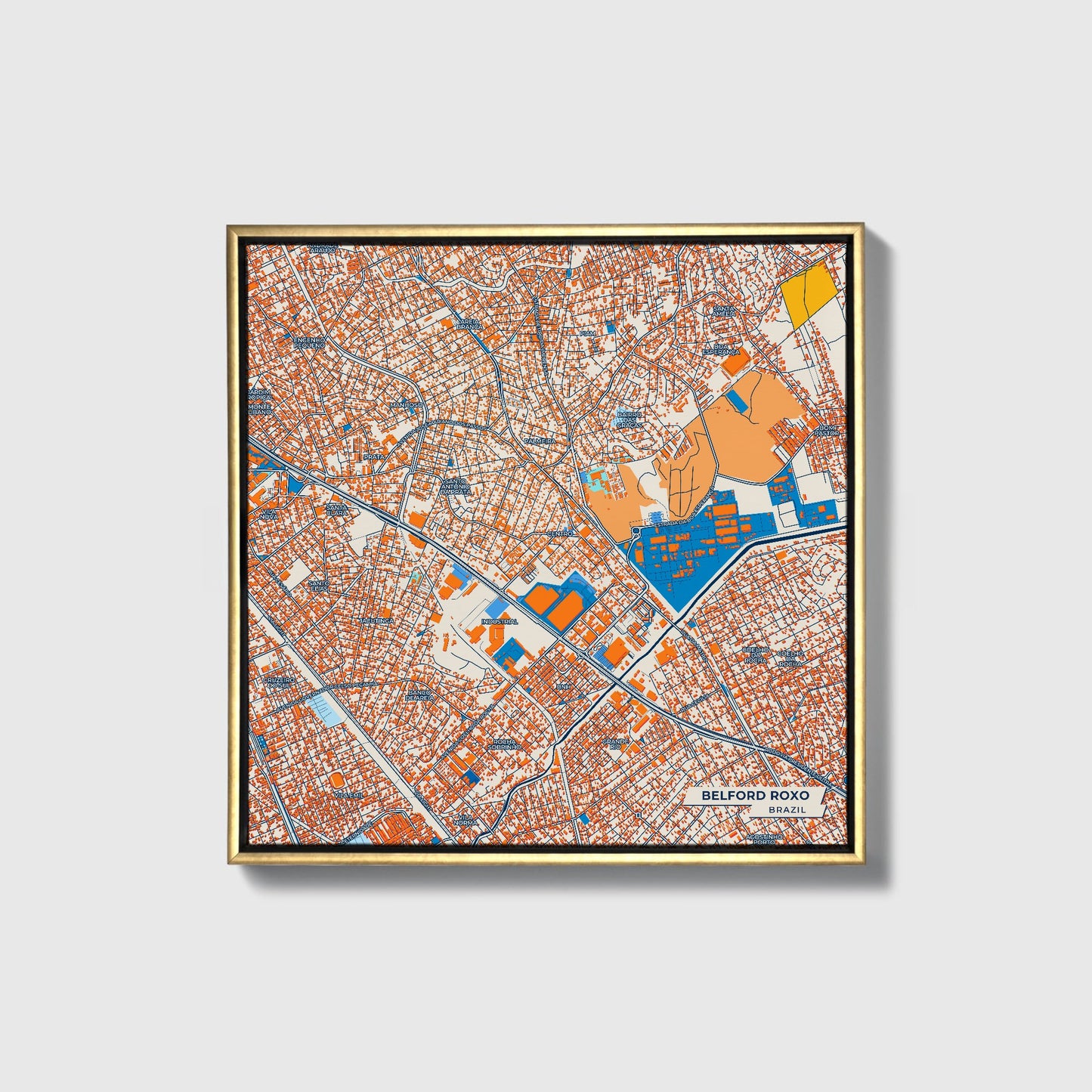 Belford Roxo Brazil Colorful City Map Canvas Print • Gold Framed
