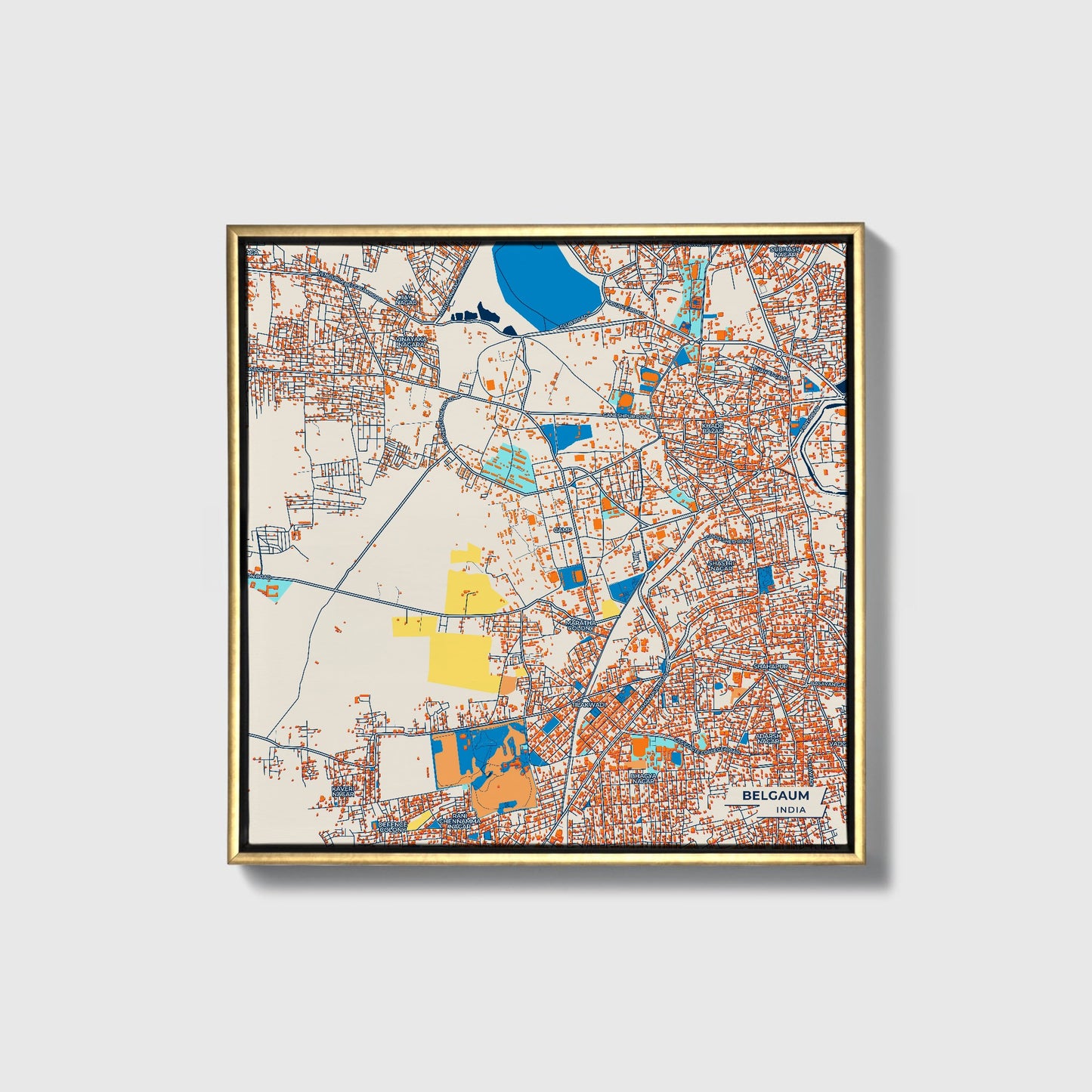 Belgaum India Colorful City Map Canvas Print • Gold Framed