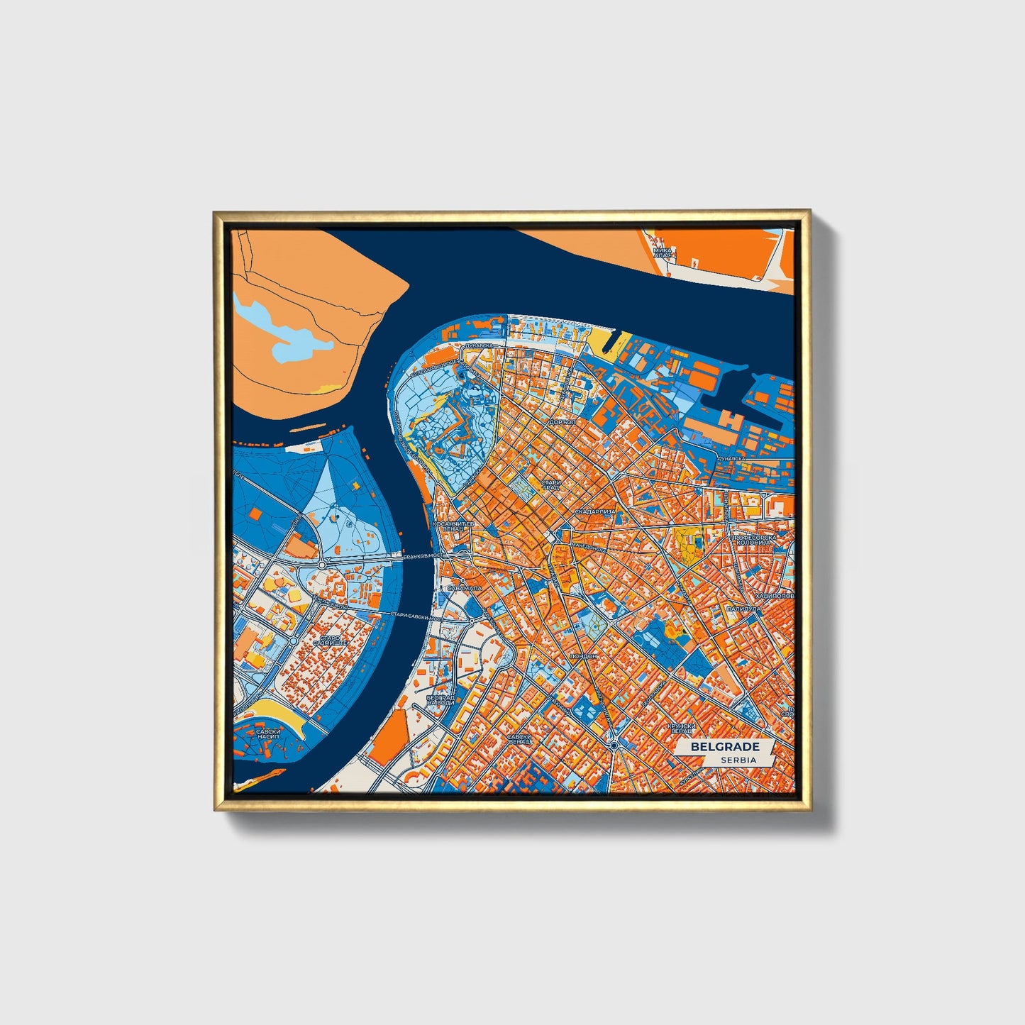 Београд Serbia Colorful City Map Canvas Print • Gold Framed