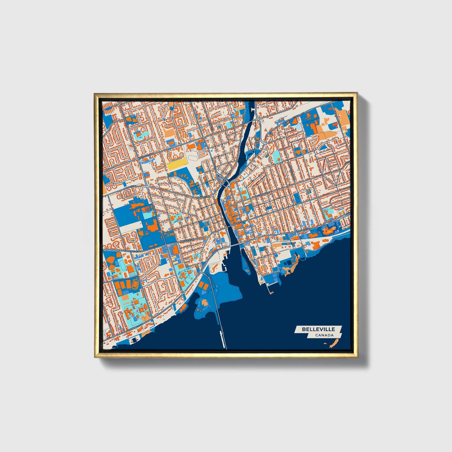 Belleville Canada Colorful City Map Canvas Print • Gold Framed