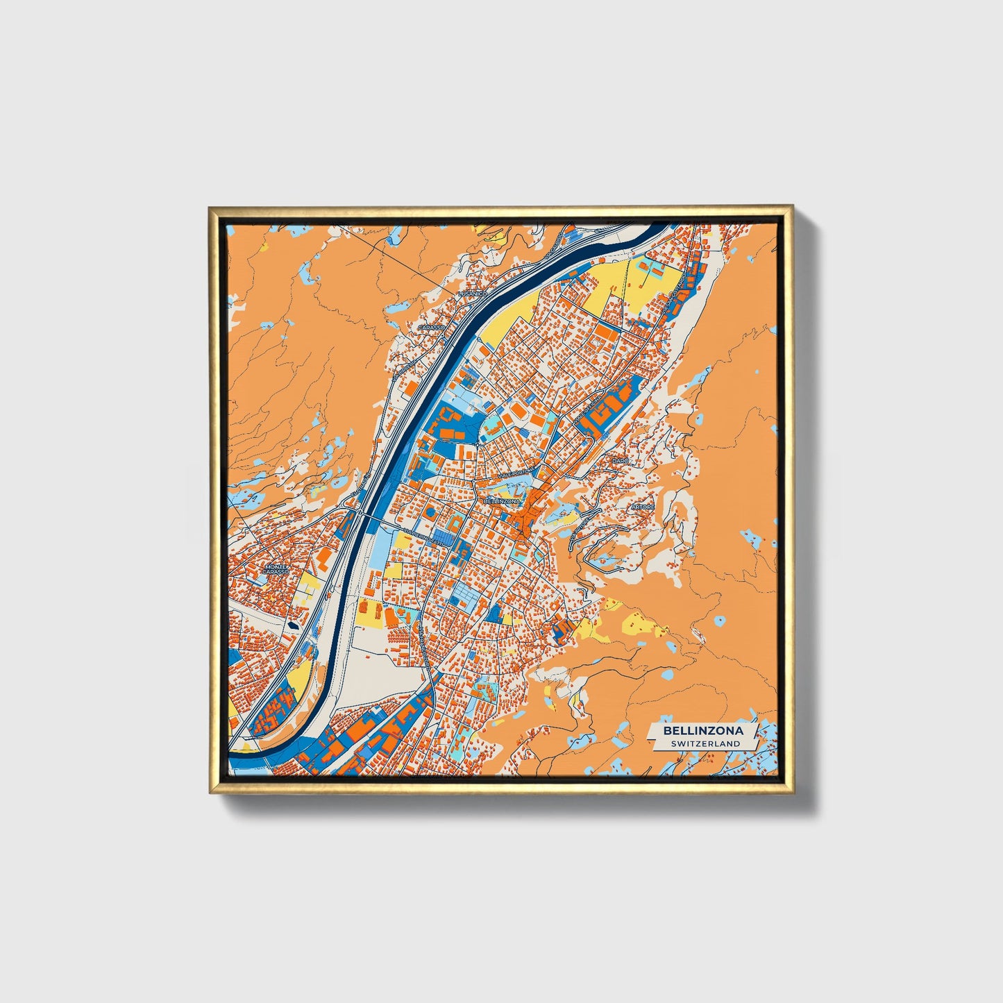 Bellinzona Switzerland Colorful City Map Canvas Print • Gold Framed