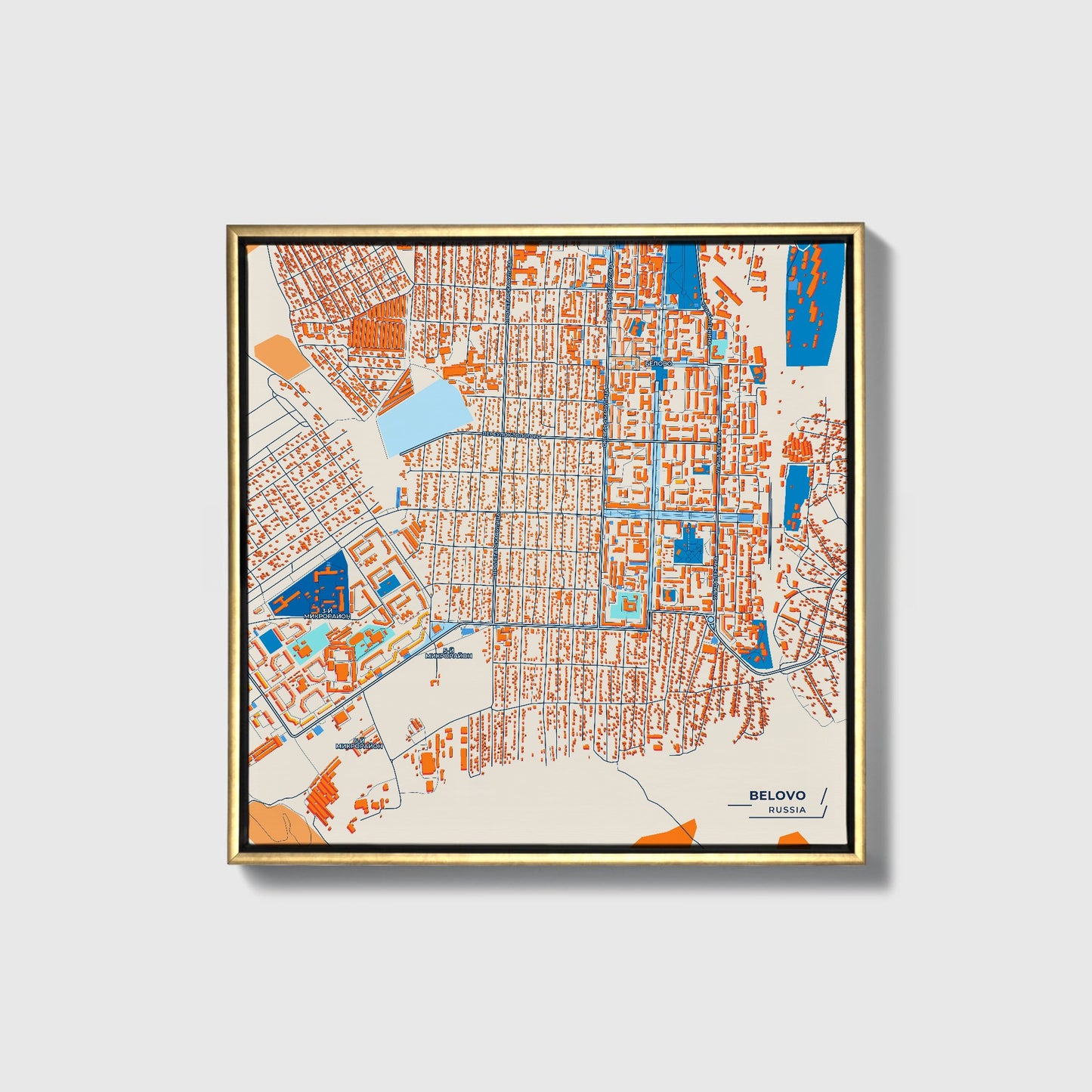 Белово Russia Colorful City Map Canvas Print • Gold Framed