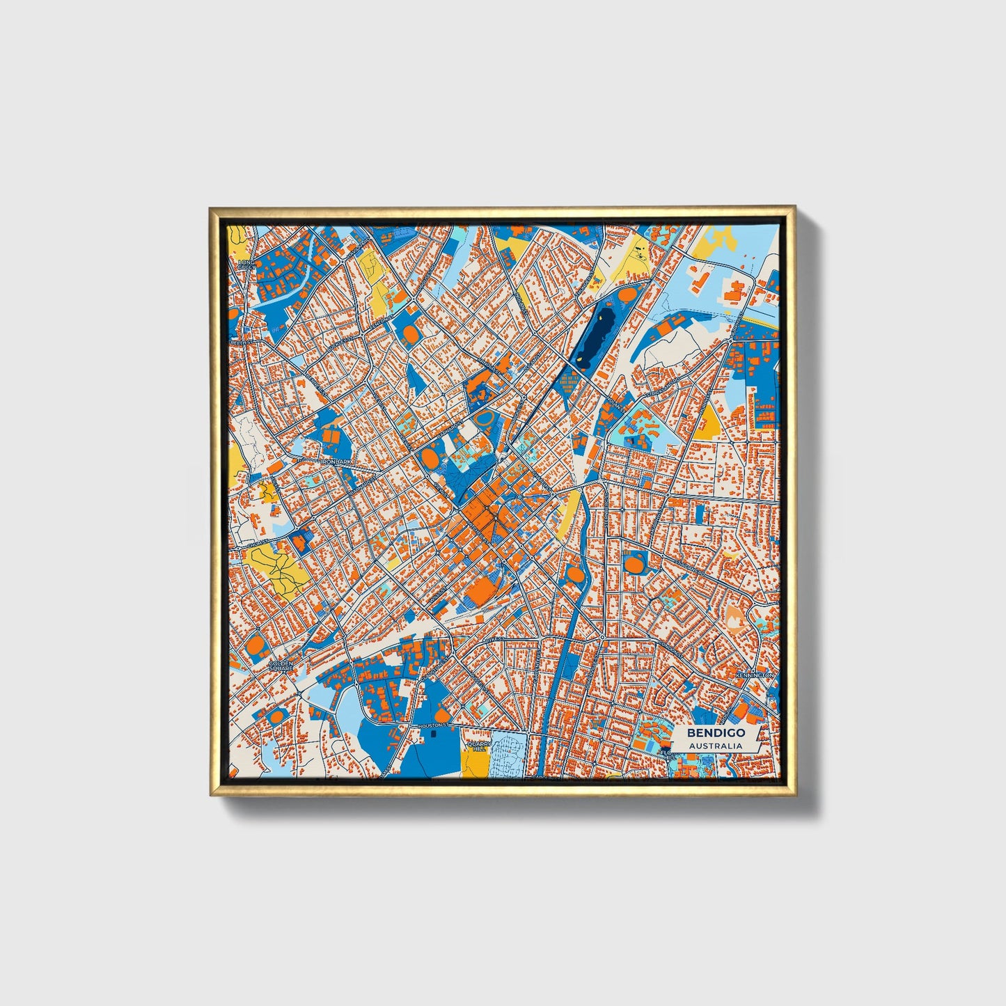 Bendigo Australia Colorful City Map Canvas Print • Gold Framed