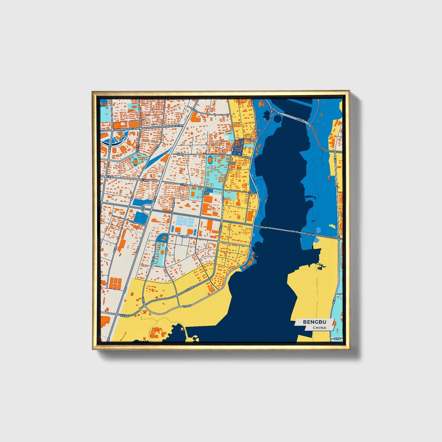 Bengbu China Colorful City Map Canvas Print • Gold Framed