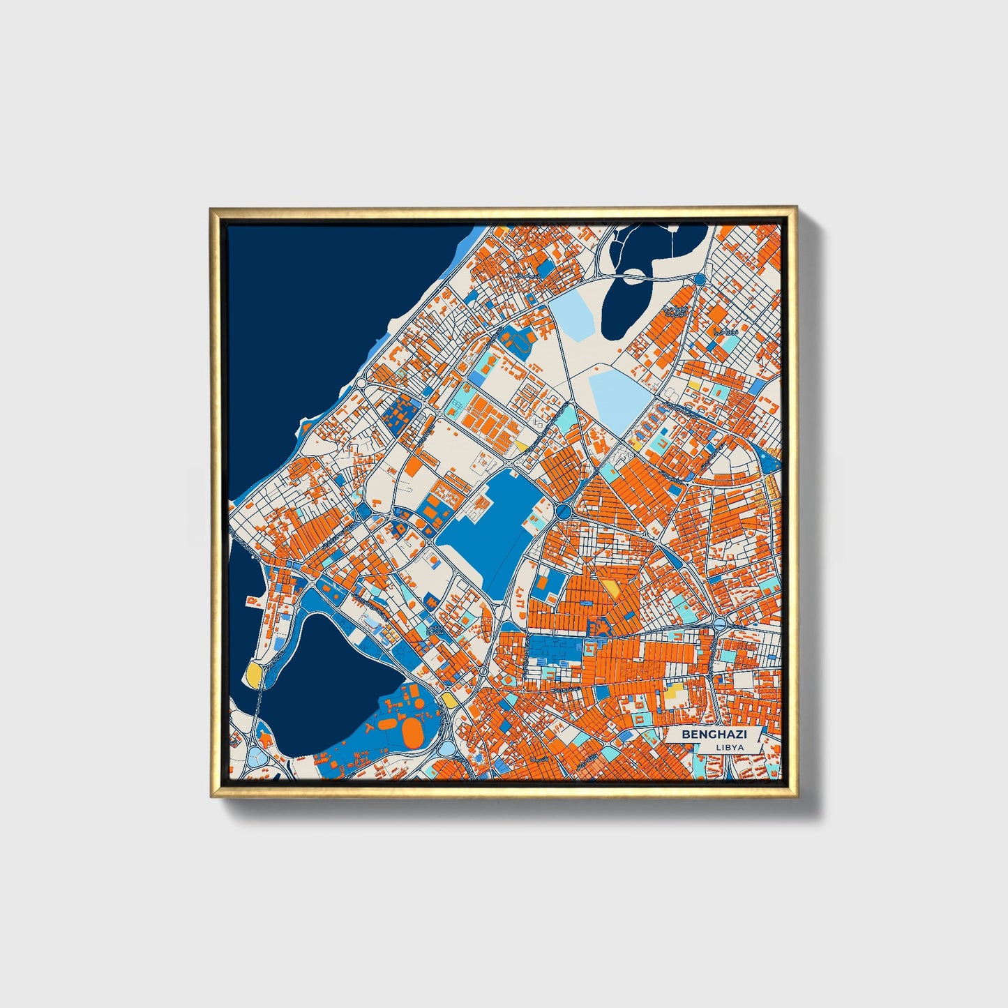 Benghazi Libya Colorful City Map Canvas Print • Gold Framed