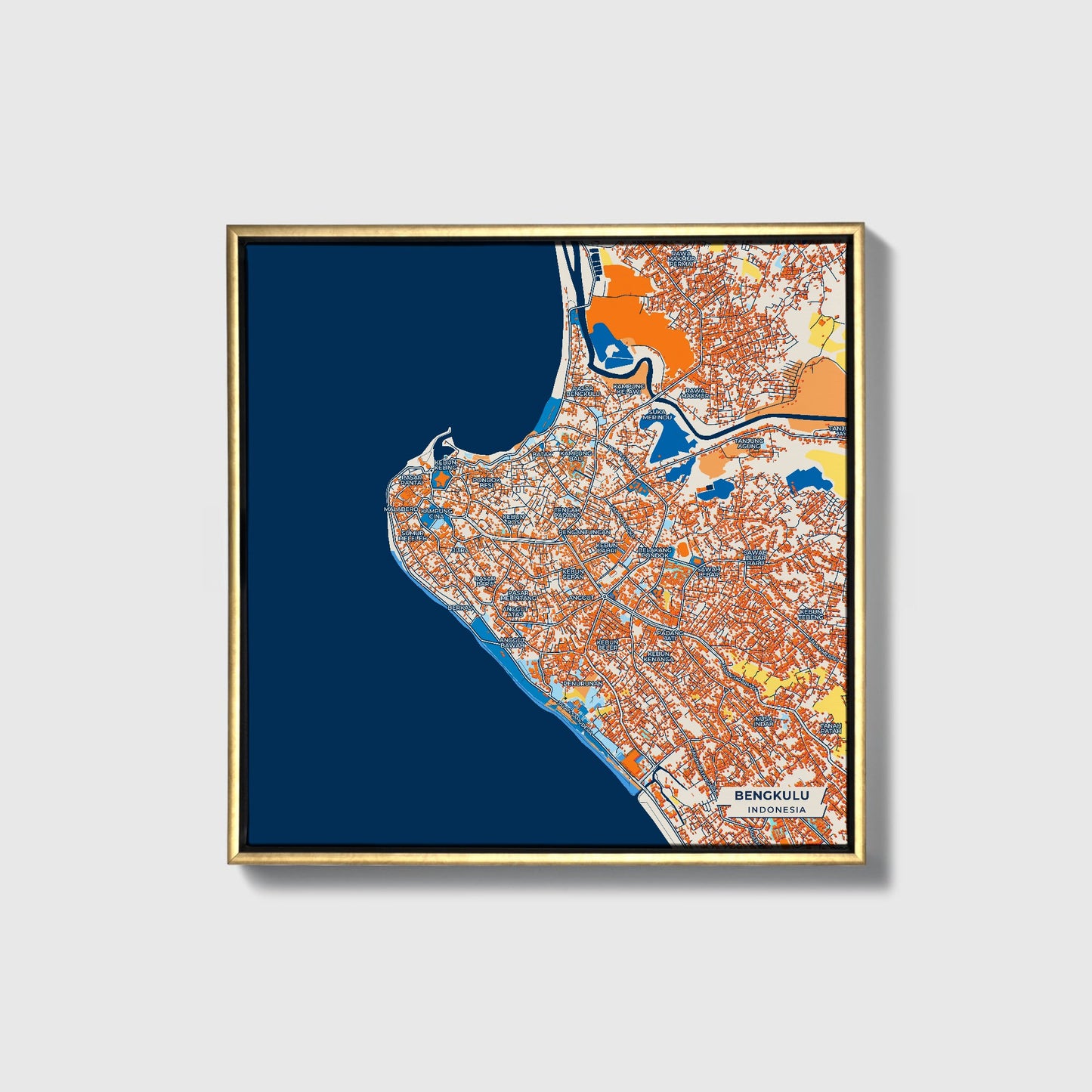 Bengkulu Indonesia Colorful City Map Canvas Print • Gold Framed