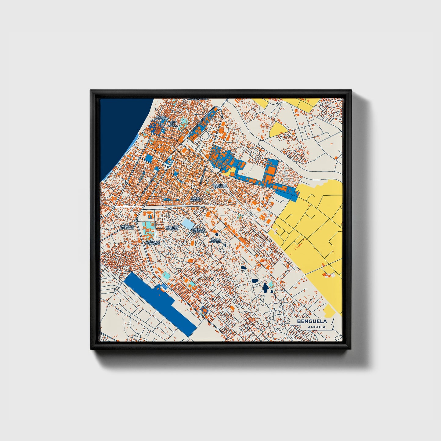 Benguela Angola Colorful City Map Canvas Print • Black Framed