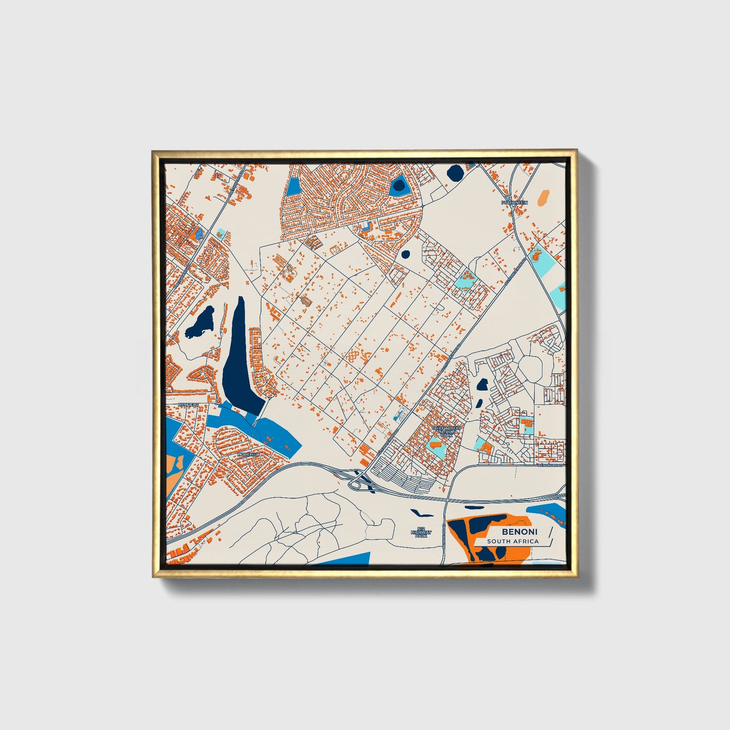 Benoni South Africa Colorful City Map Canvas Print • Gold Framed