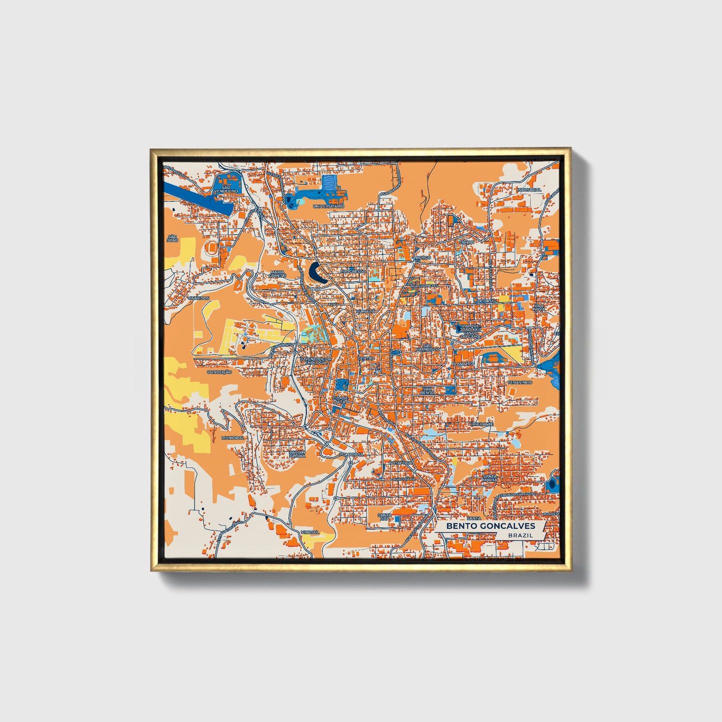 Bento Goncalves Brazil Colorful City Map Canvas Print • Gold Framed