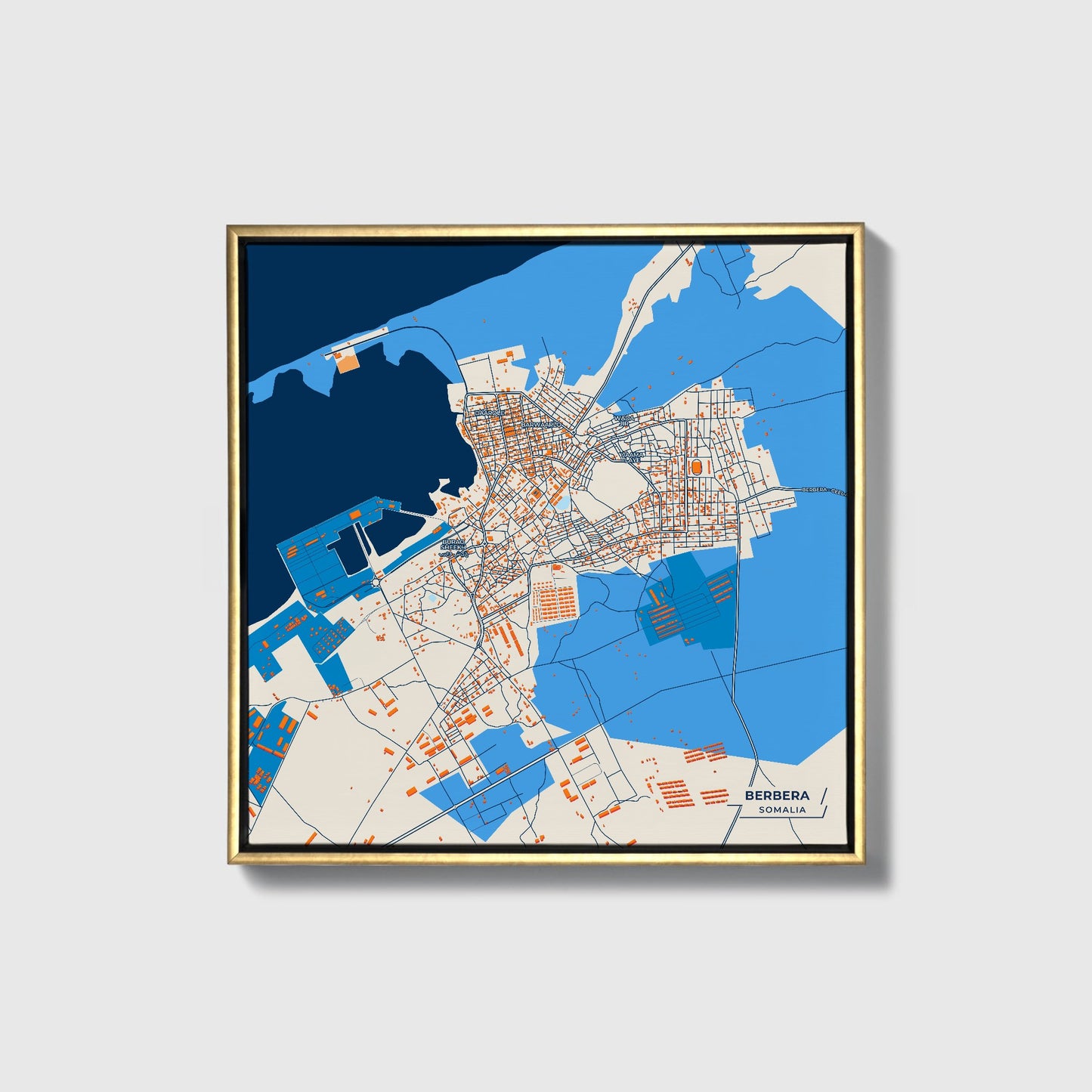 Berbera Somalia Colorful City Map Canvas Print • Gold Framed