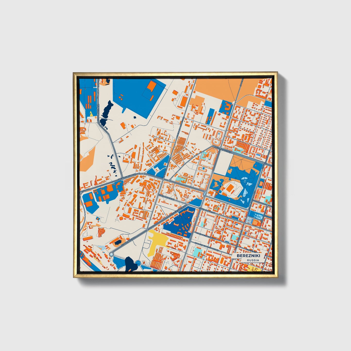 Березники Russia Colorful City Map Canvas Print • Gold Framed