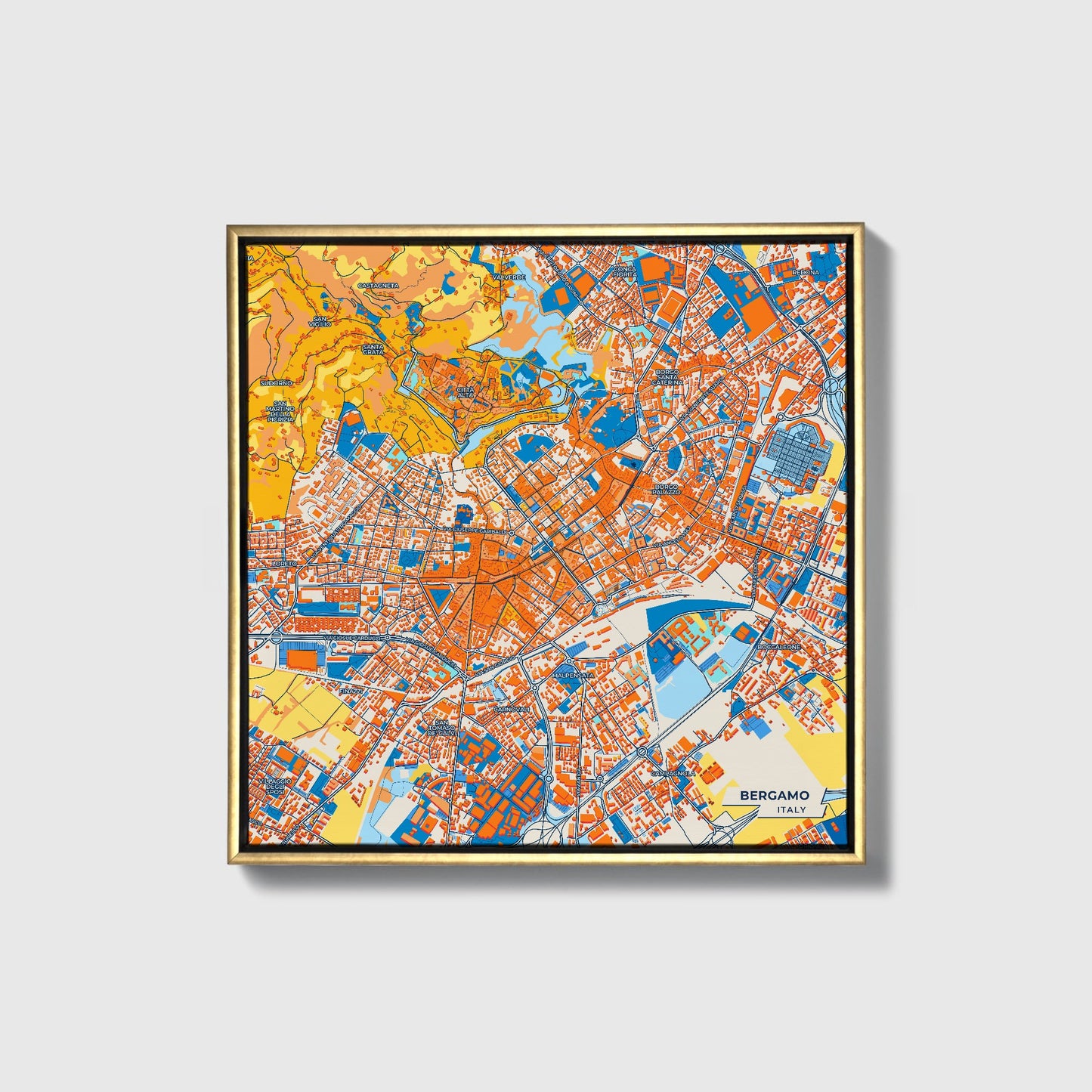 Bergamo Italy Colorful City Map Canvas Print • Gold Framed
