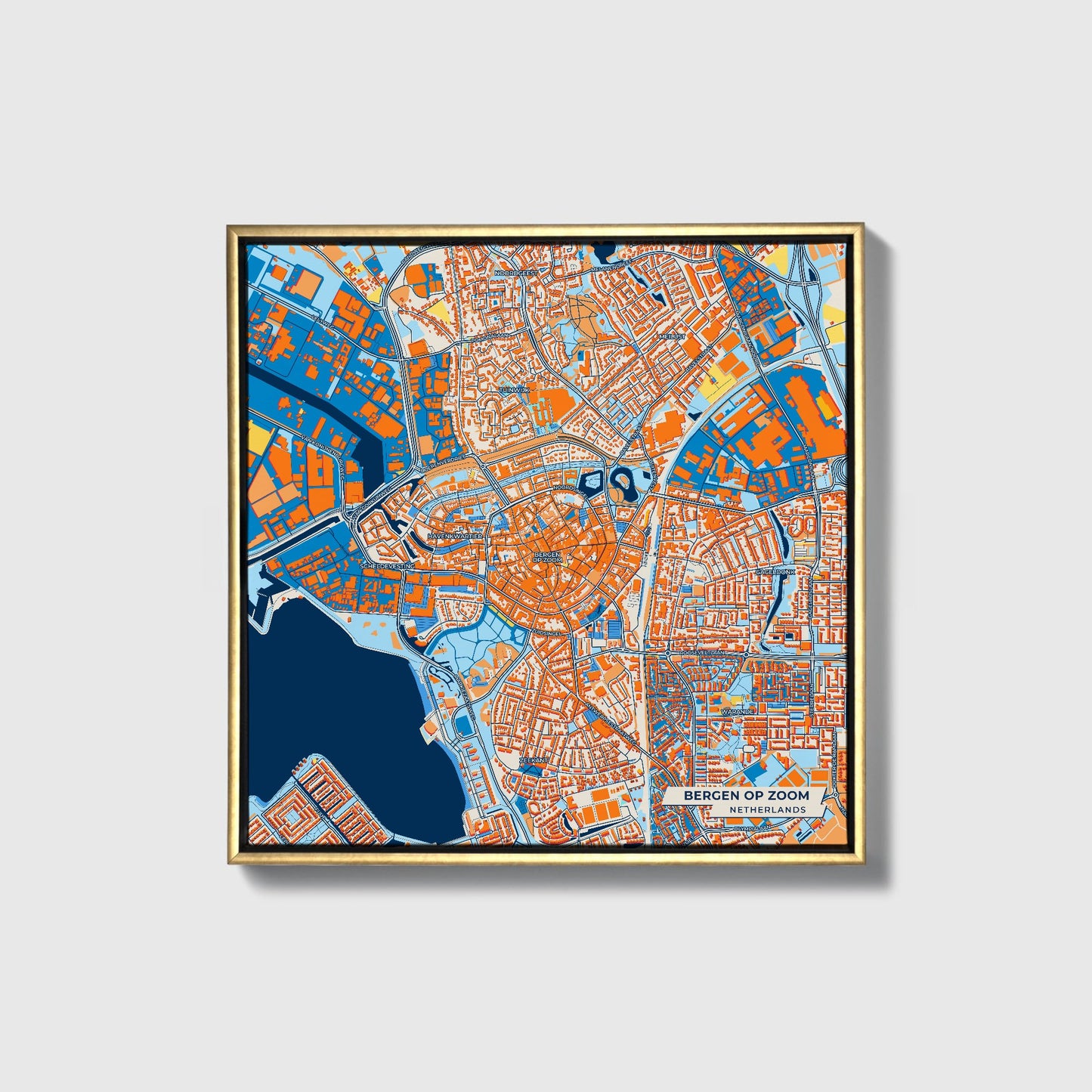 Bergenopzoom Netherlands Colorful City Map Canvas Print • Gold Framed