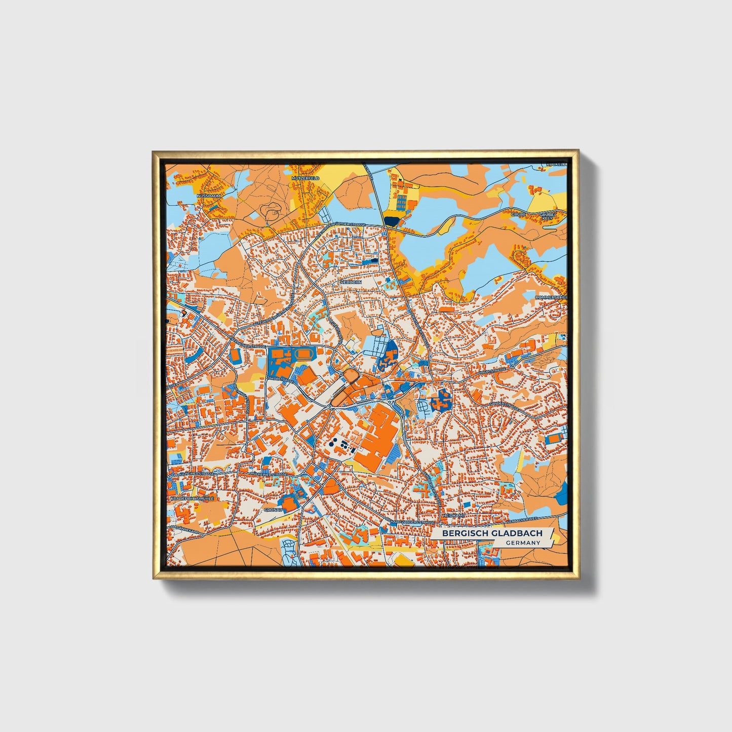 Bergisch Gladbach Germany Colorful City Map Canvas Print • Gold Framed