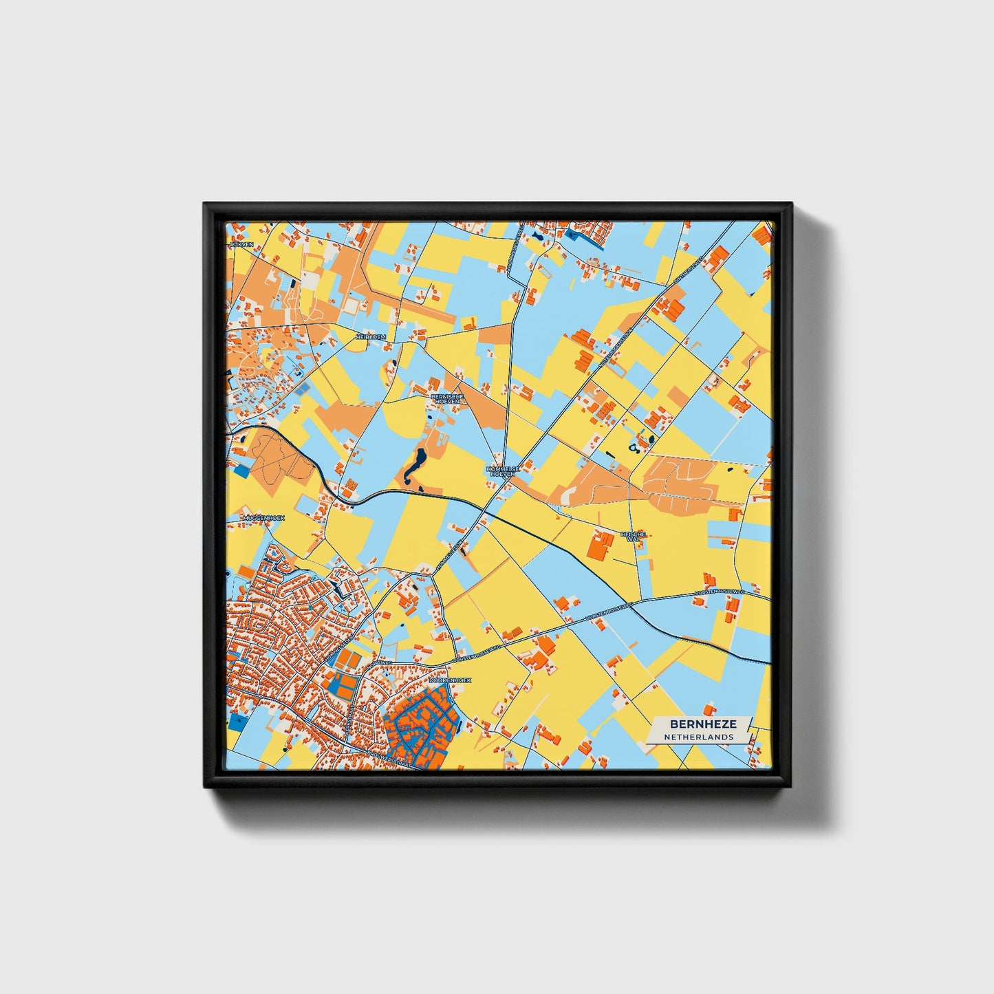Bernheze Netherlands Colorful City Map Canvas Print • Black Framed