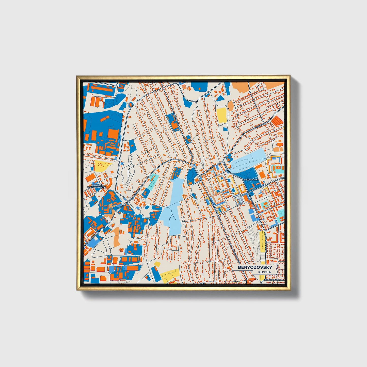 Берёзовский Russia Colorful City Map Canvas Print • Gold Framed
