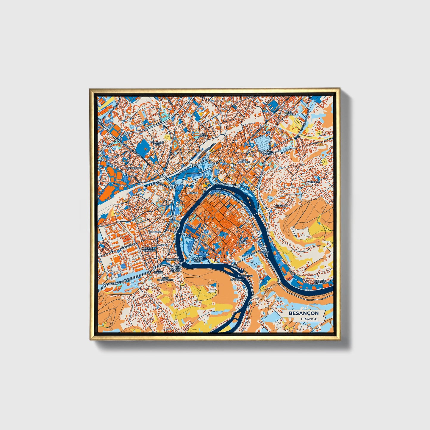 Besançon France Colorful City Map Canvas Print • Gold Framed