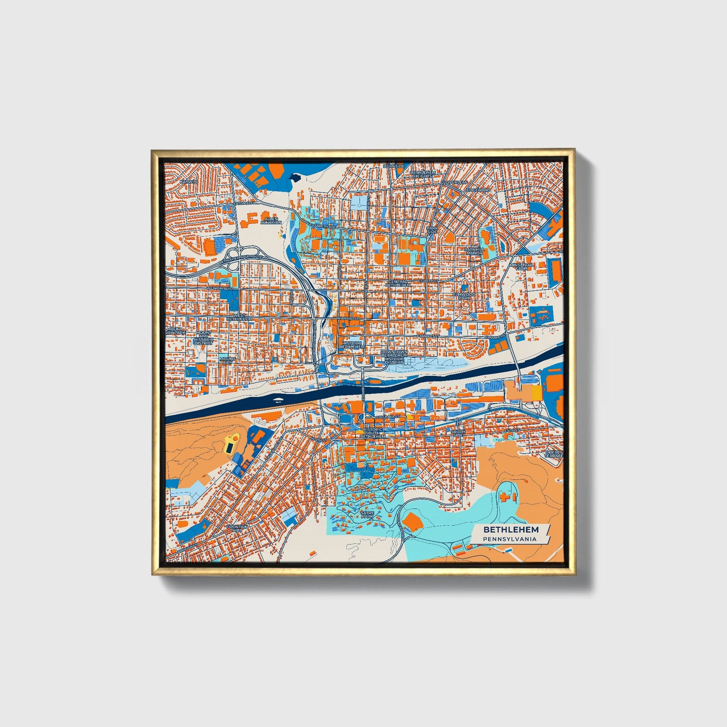 Bethlehem Pennsylvania Colorful City Map Canvas Print • Gold Framed