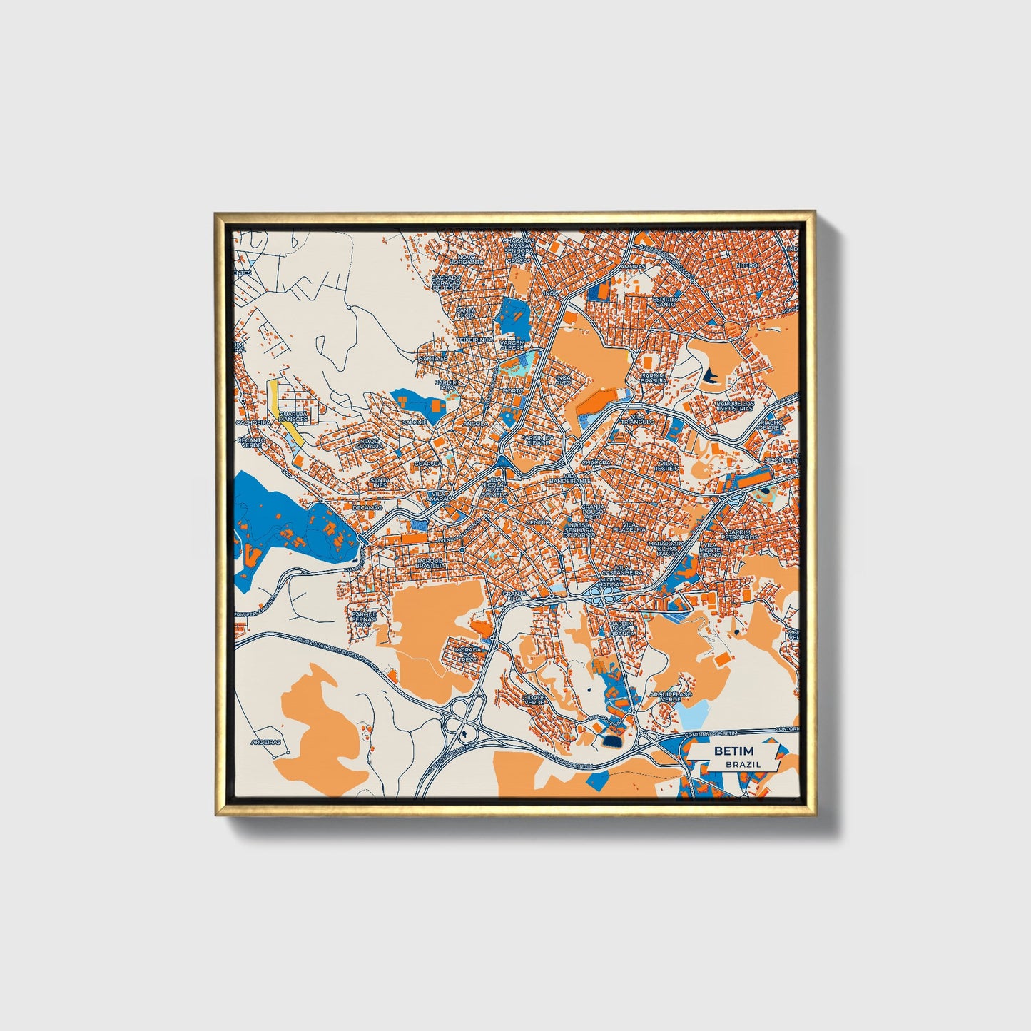 Betim Brazil Colorful City Map Canvas Print • Gold Framed