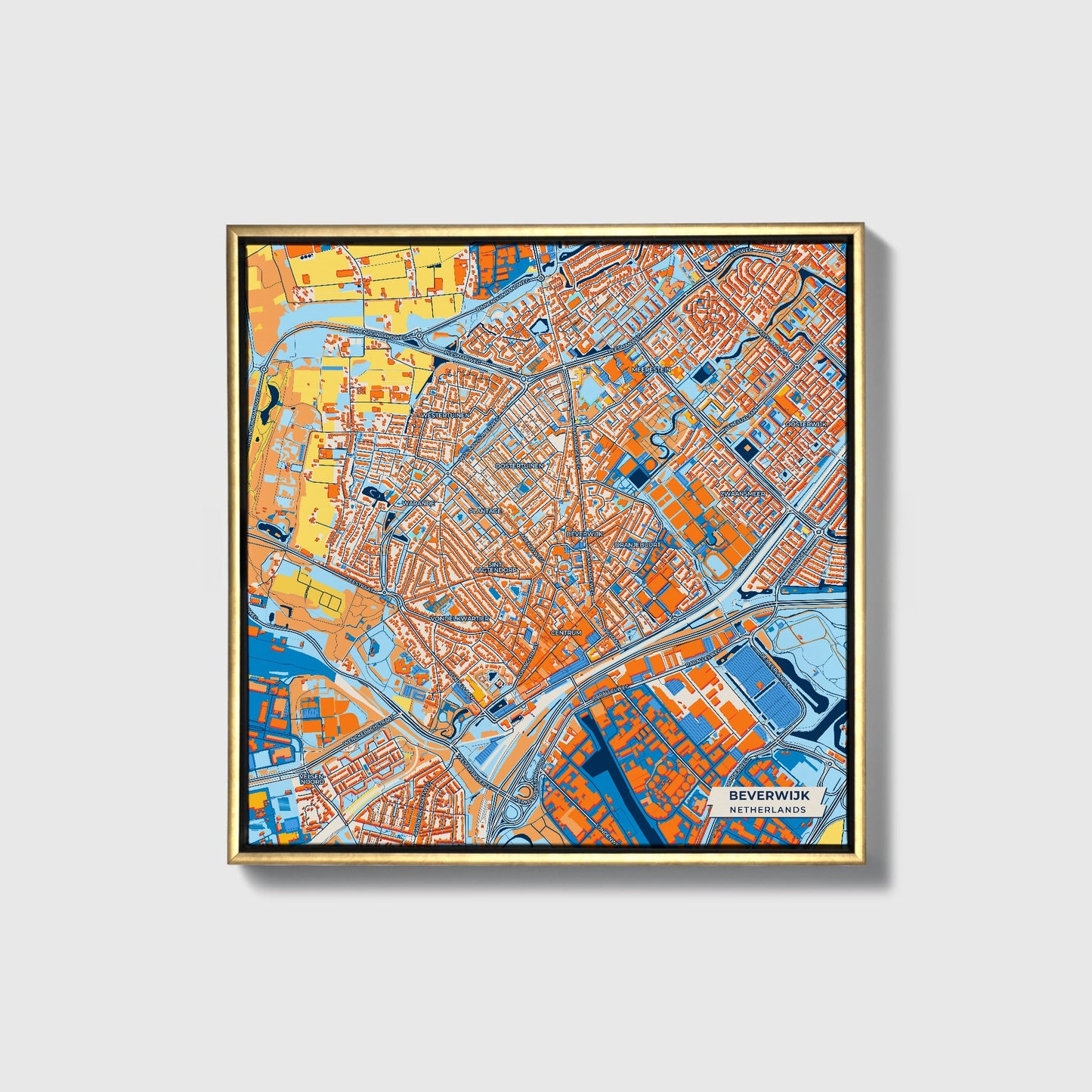 Beverwijk Netherlands Colorful City Map Canvas Print • Gold Framed