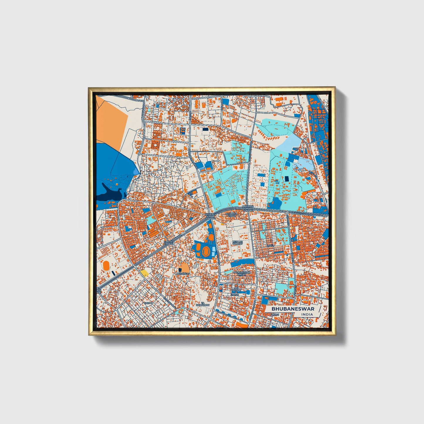 Bhubaneswar India Colorful City Map Canvas Print • Gold Framed