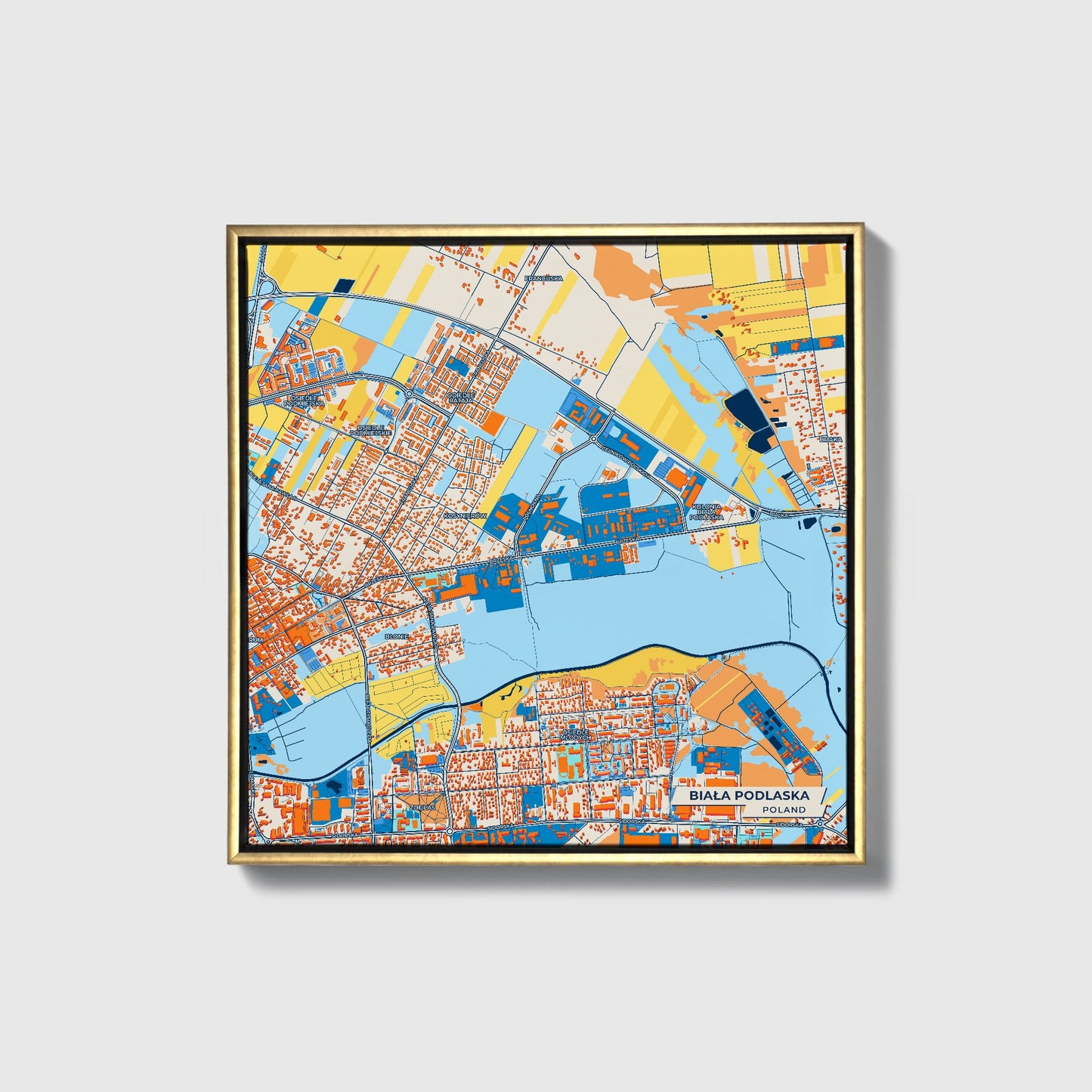Biała Podlaska Poland Colorful City Map Canvas Print • Gold Framed