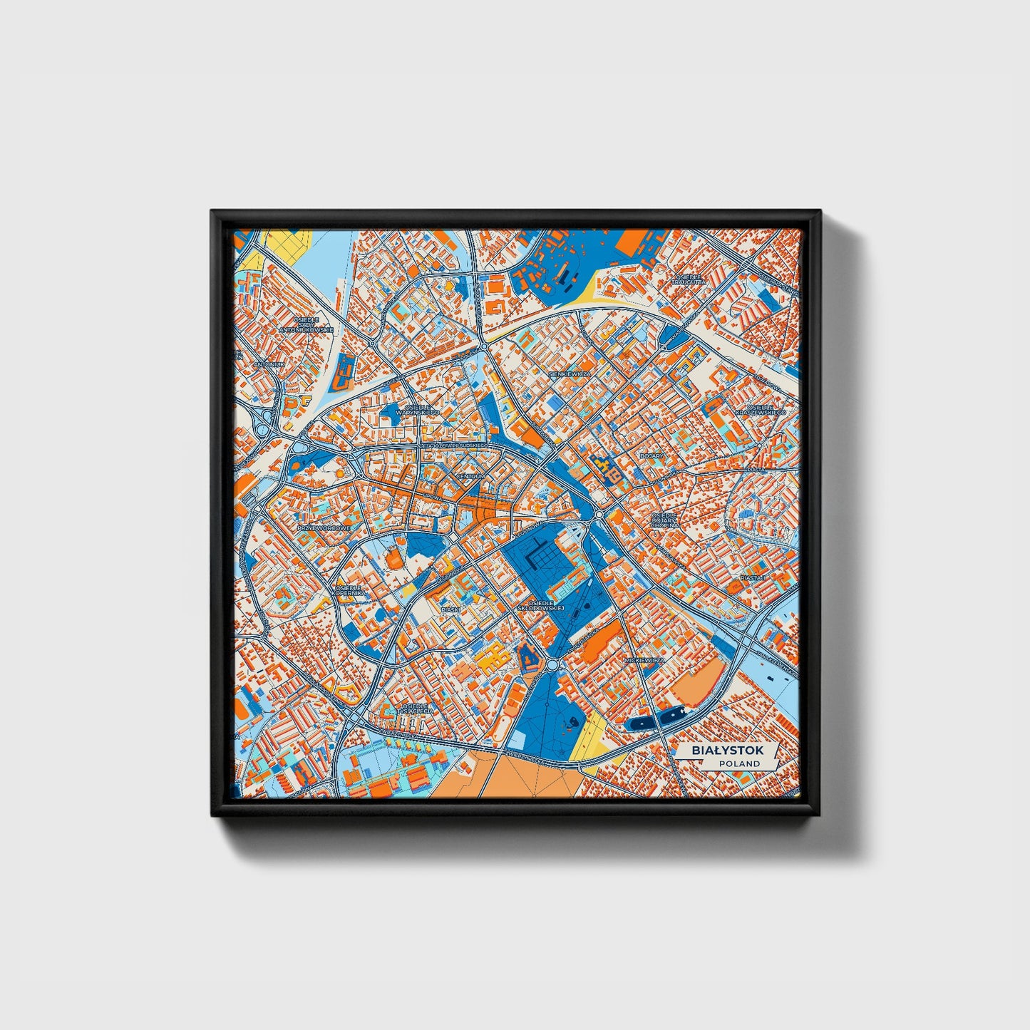 Białystok Poland Colorful City Map Canvas Print • Black Framed