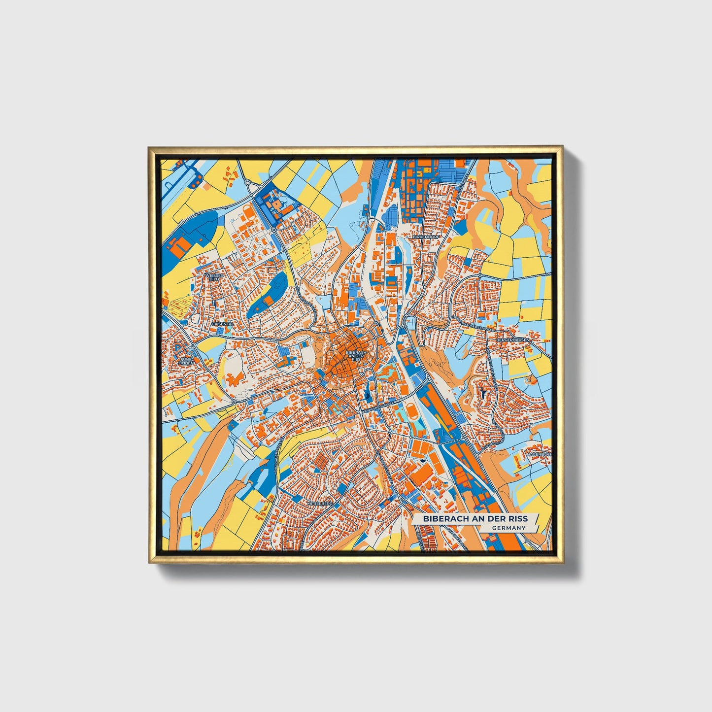 Biberach An Der Riss Germany Colorful City Map Canvas Print • Gold Framed