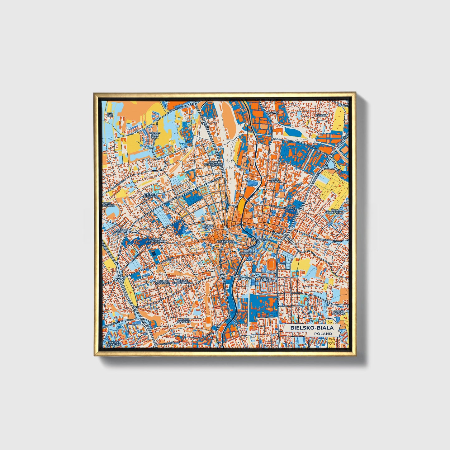 Bielsko-Biała Poland Colorful City Map Canvas Print • Gold Framed