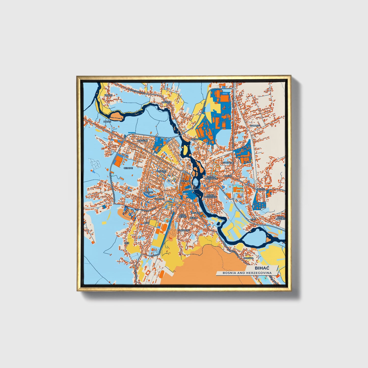 Bihać Bosnia And Herzegovina Colorful City Map Canvas Print • Gold Framed