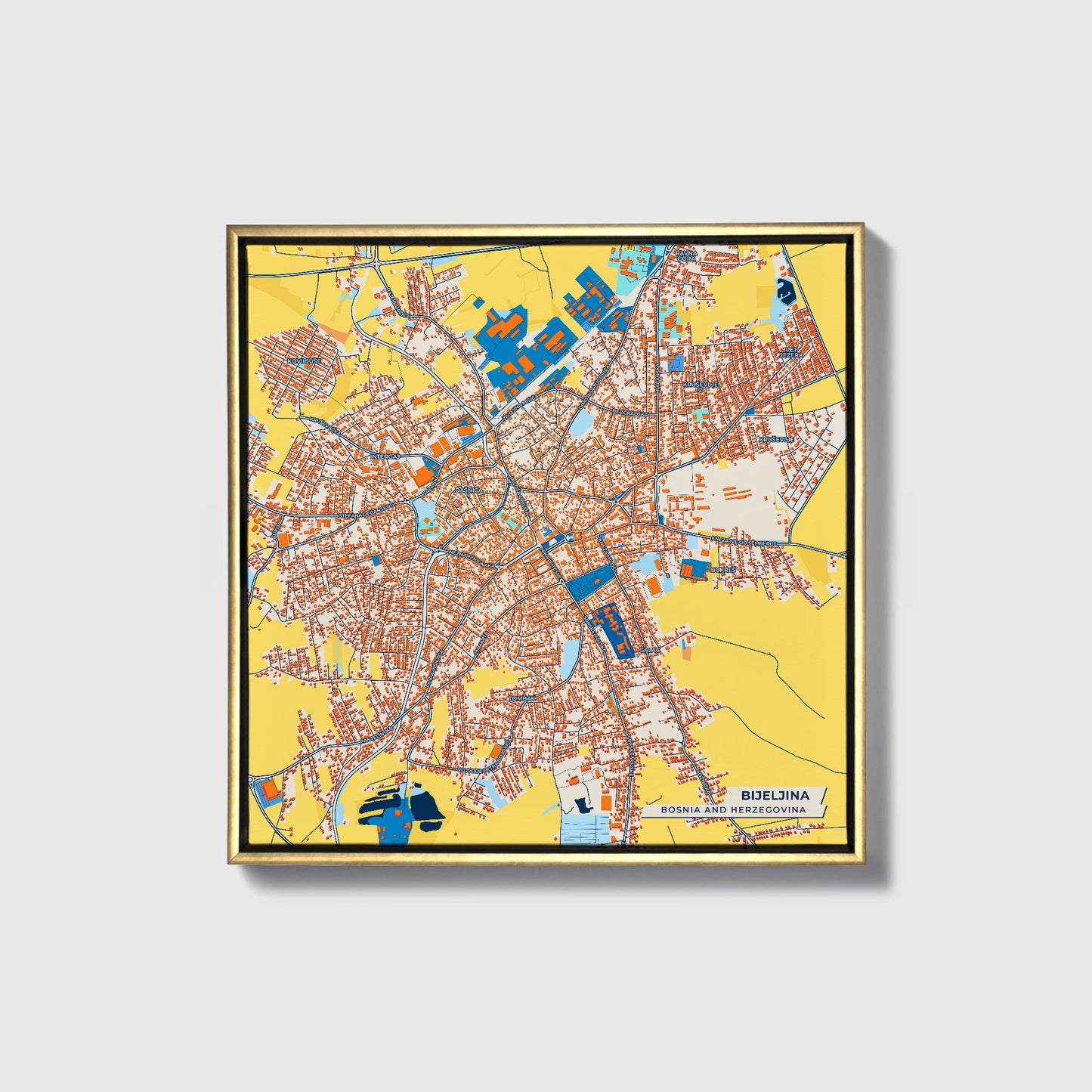 Bijeljina Bosnia And Herzegovina Colorful City Map Canvas Print • Gold Framed