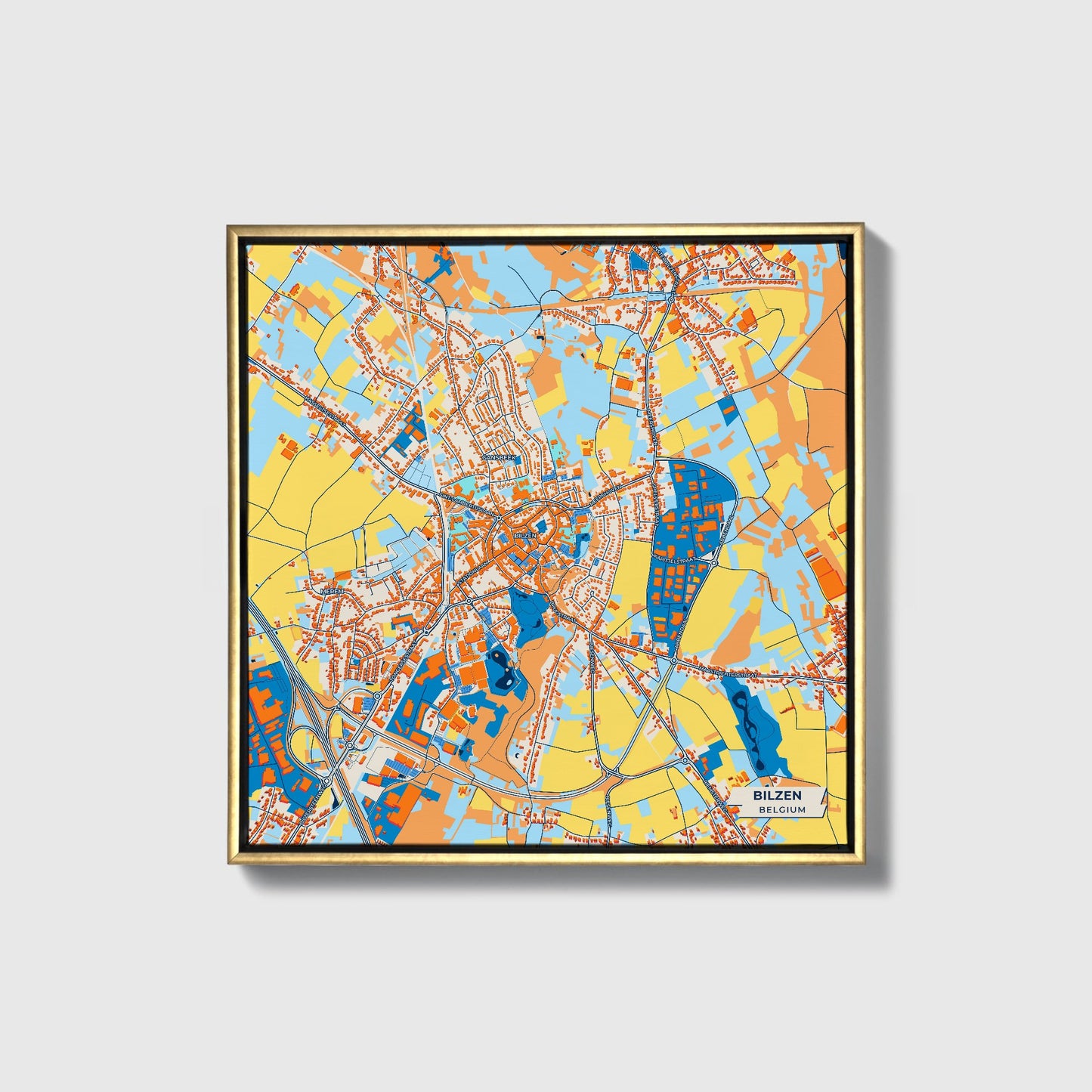 Bilzen Belgium Colorful City Map Canvas Print • Gold Framed