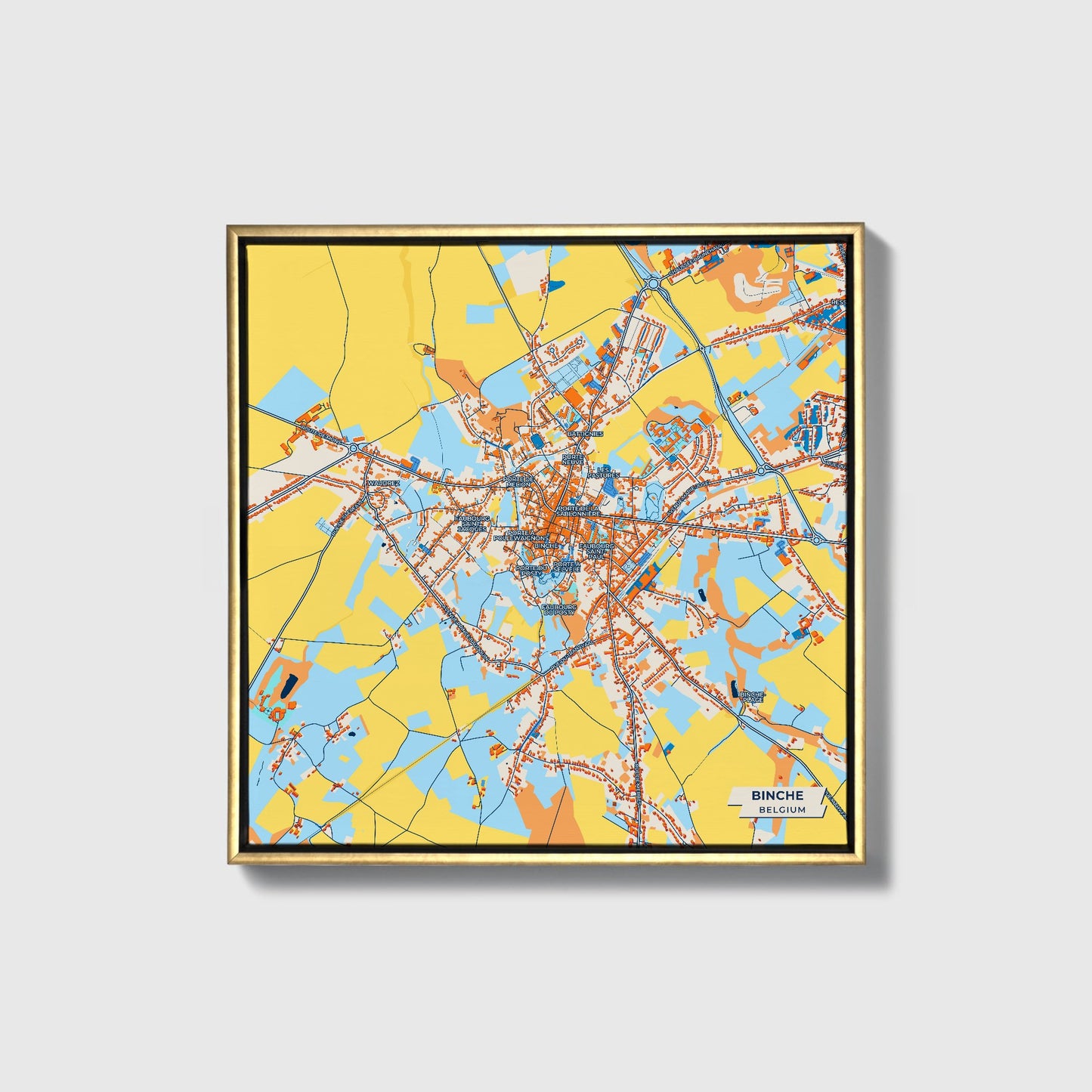 Binche Belgium Colorful City Map Canvas Print • Gold Framed