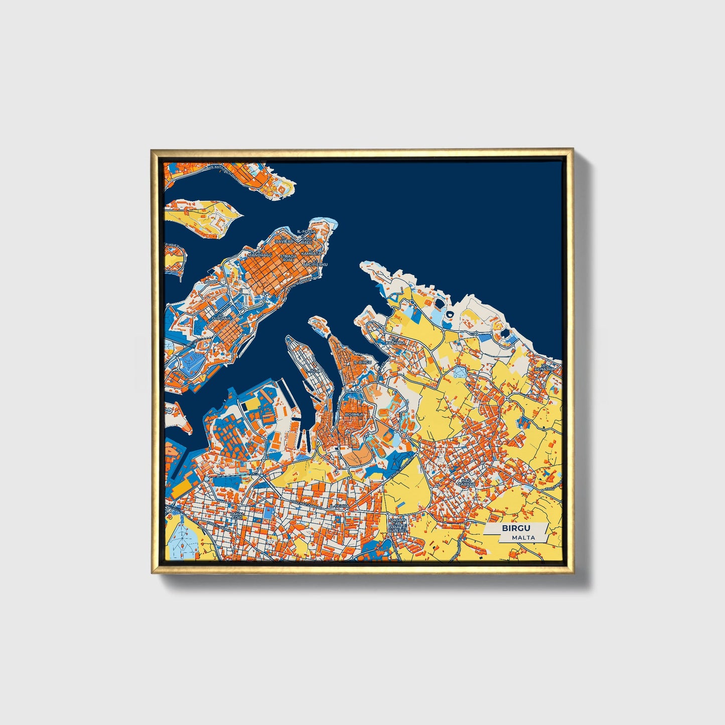 Birgu Malta Colorful City Map Canvas Print • Gold Framed