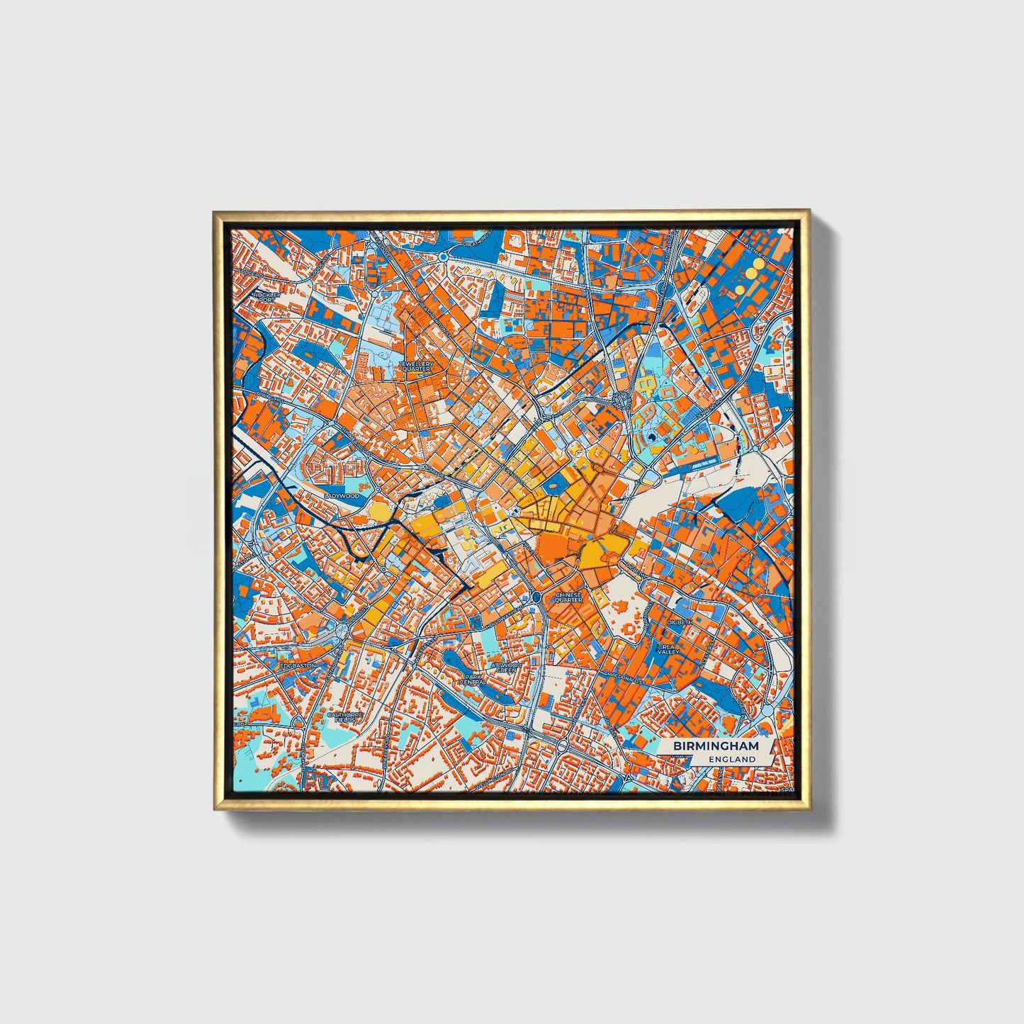 Birmingham England Colorful City Map Canvas Print • Gold Framed