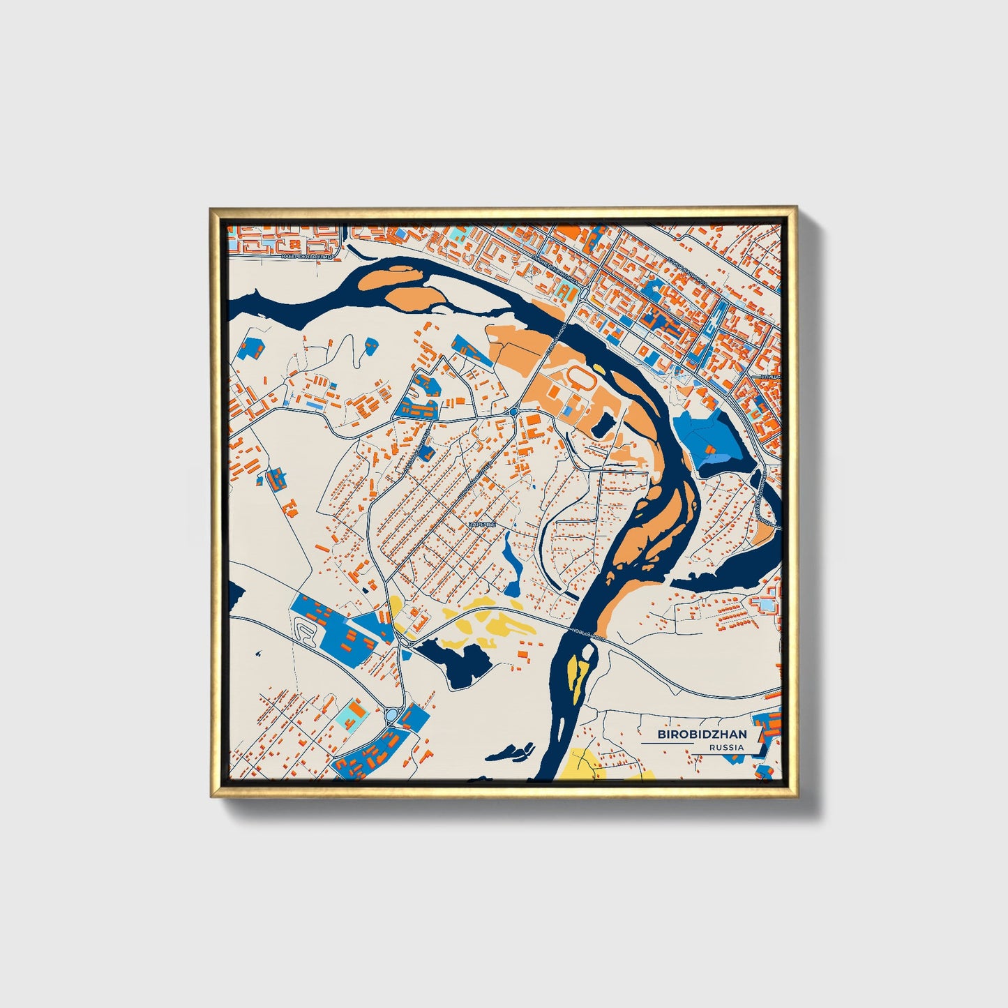 Биробиджан Russia Colorful City Map Canvas Print • Gold Framed