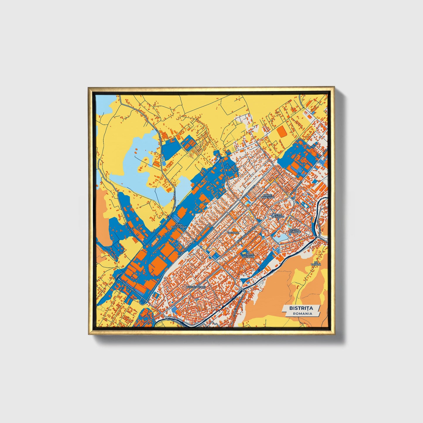 Bistrița Romania Colorful City Map Canvas Print • Gold Framed
