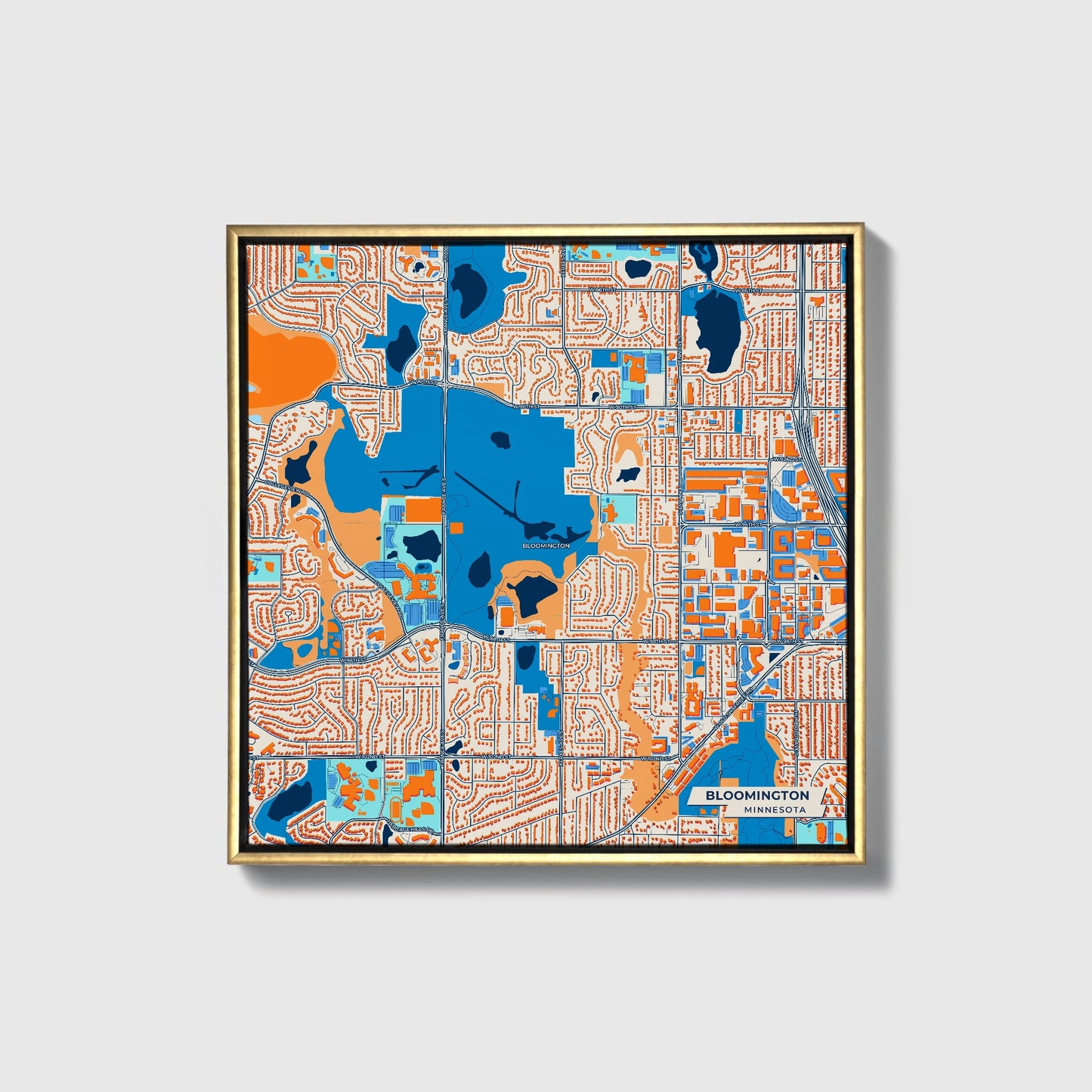Bloomington Minnesota Colorful City Map Canvas Print • Gold Framed