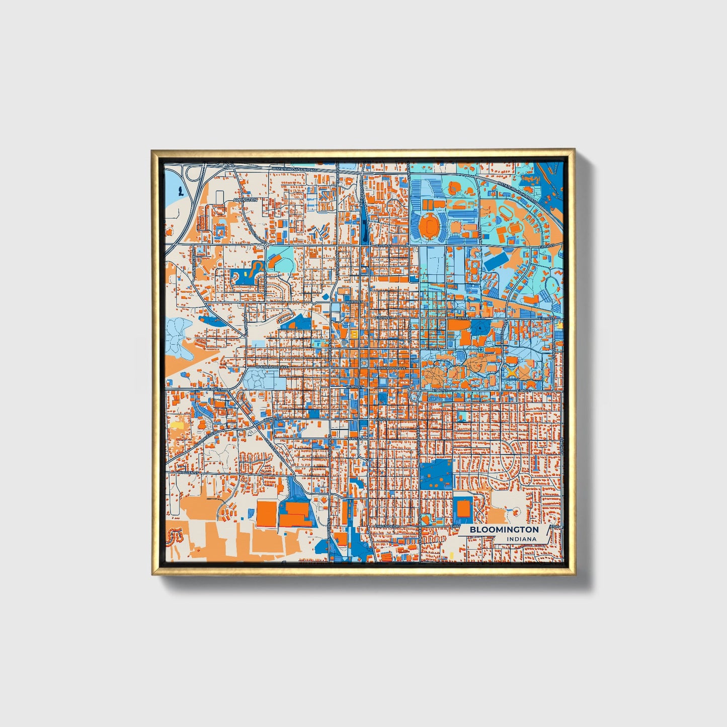 Bloomington Indiana Colorful City Map Canvas Print • Gold Framed