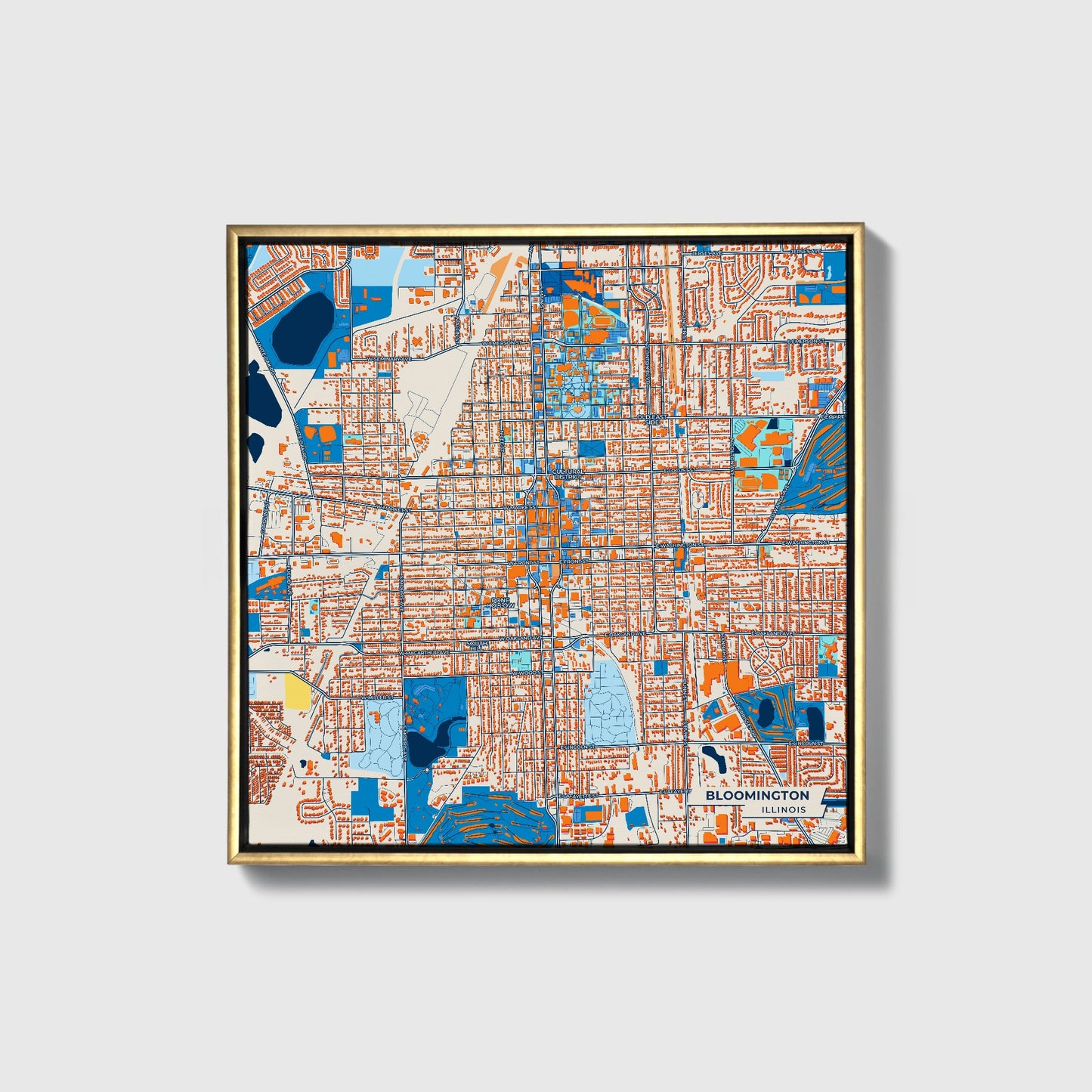 Bloomington Illinois Colorful City Map Canvas Print • Gold Framed